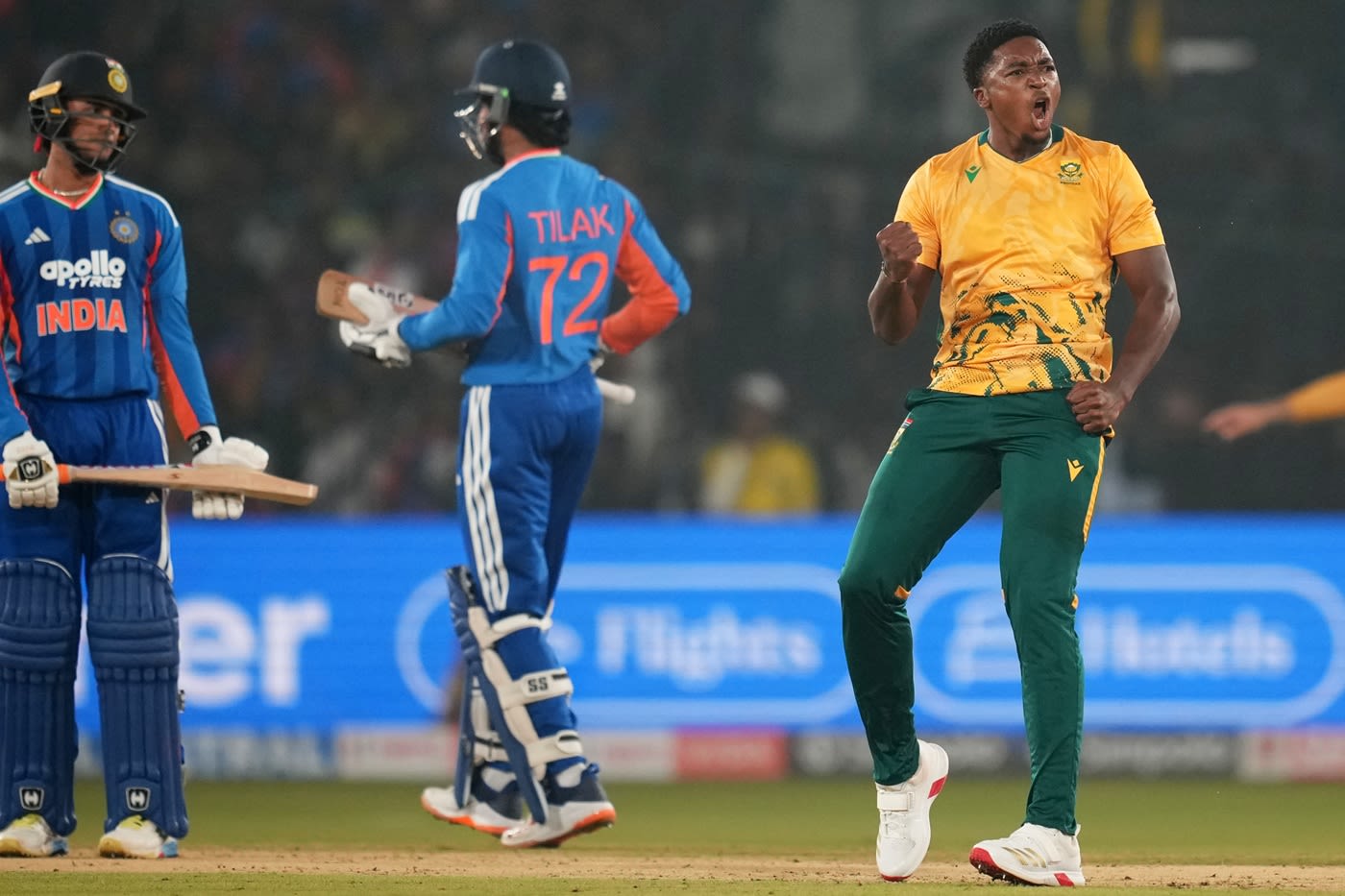 Lutho Sipamla exults after dismissing the free-flowing Abhishek Sharma