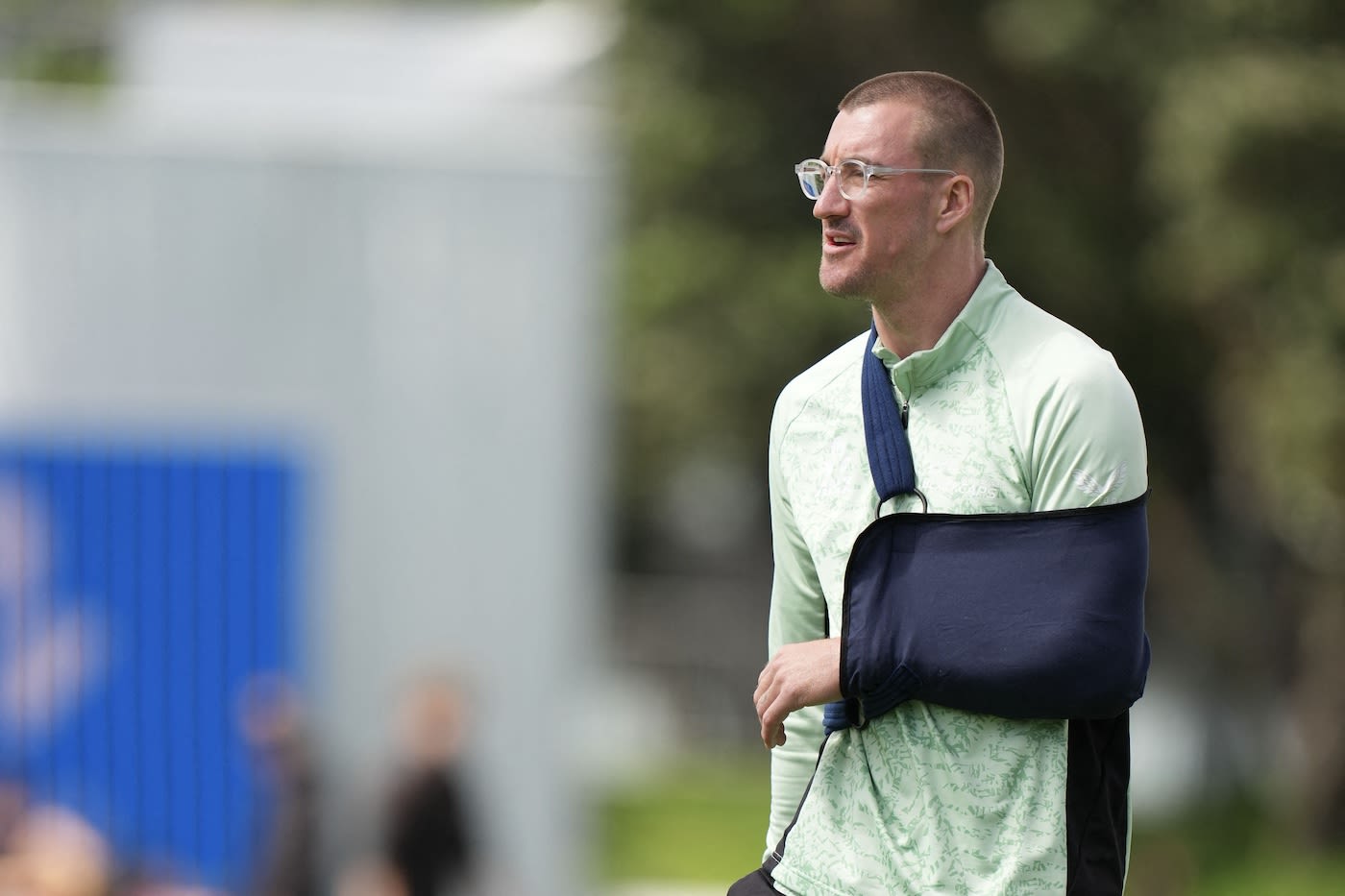 Blair Tickner, left arm in a sling, put in an appearance
