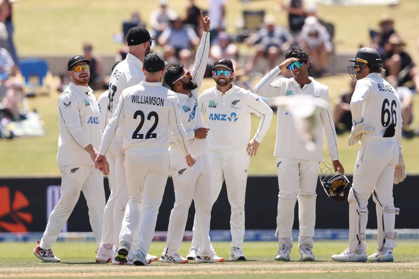 Ajaz Patel celebrates his maiden home Test wicket