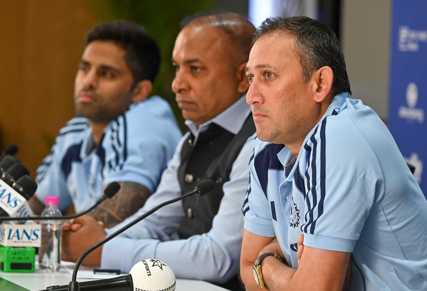 Suryakumar Yadav, Devajit Saikia and Ajit Agarkar take questions from the media