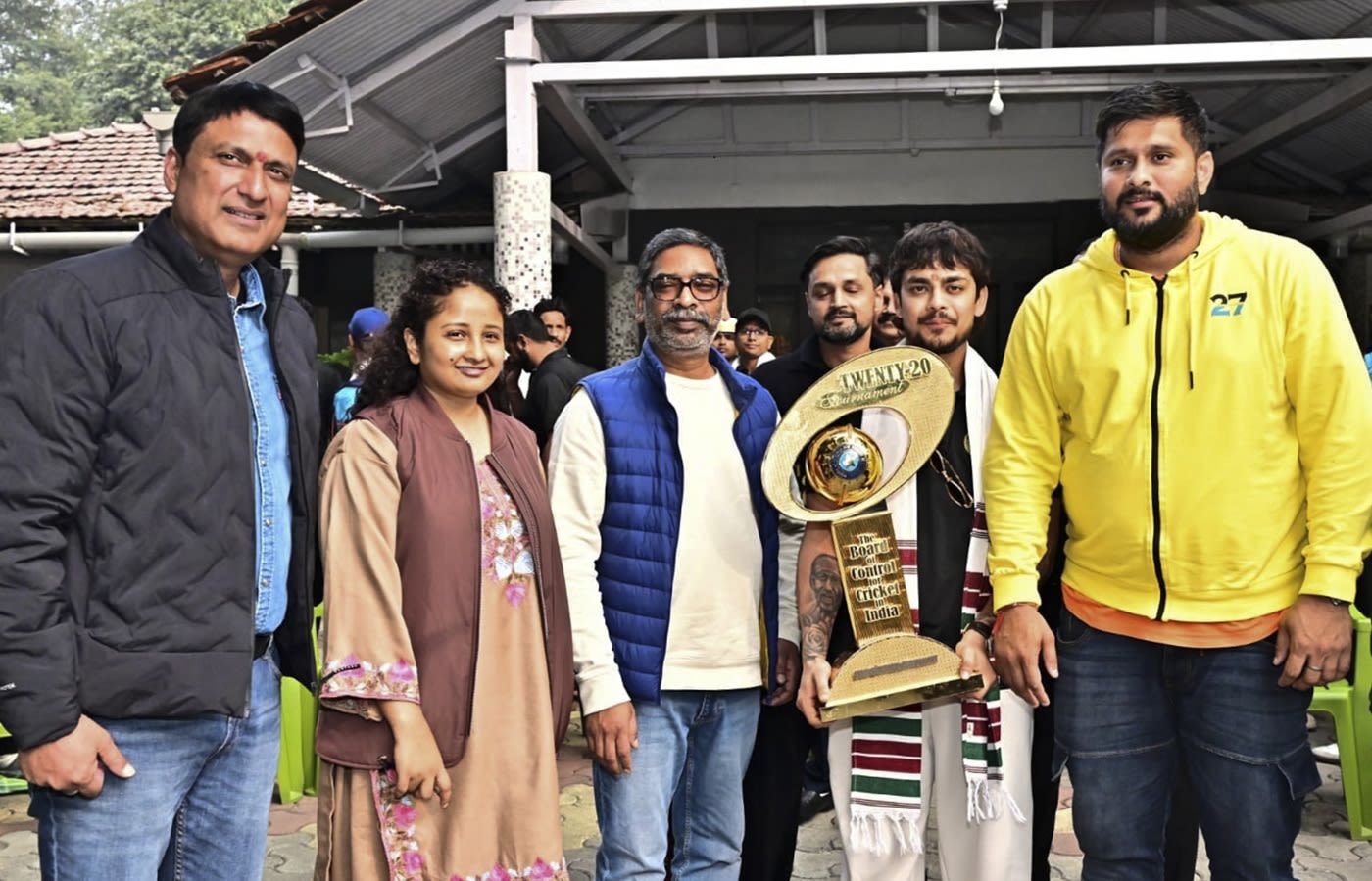Ishan Kishan, JSCA secretary Saurabh Tiwary and joint secretary Shahbaz Nadeem meet Jharkhand chief minister Hemant Soren