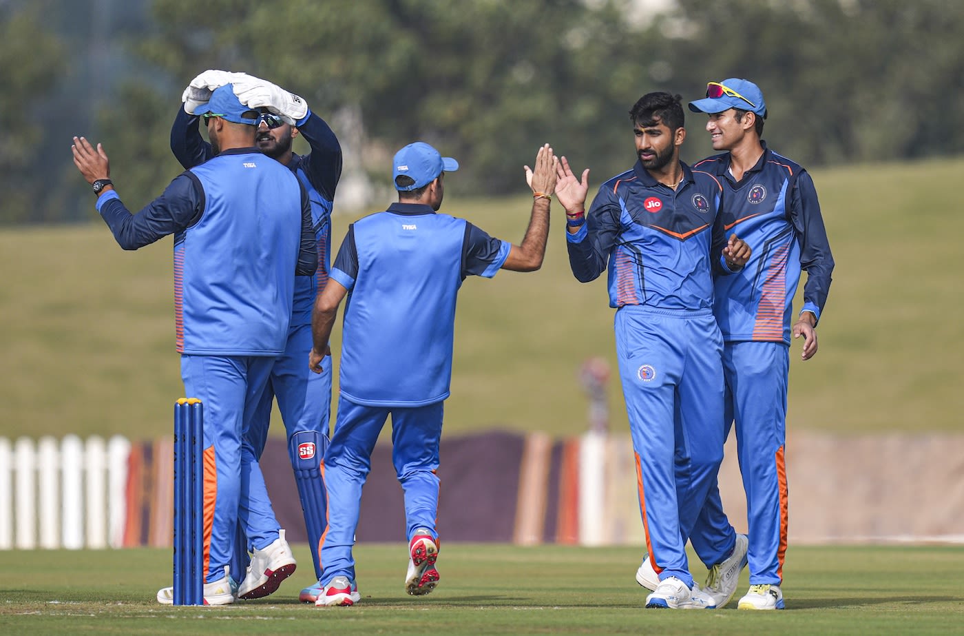 Chintan Gaja celebrates a wicket with his team-mates