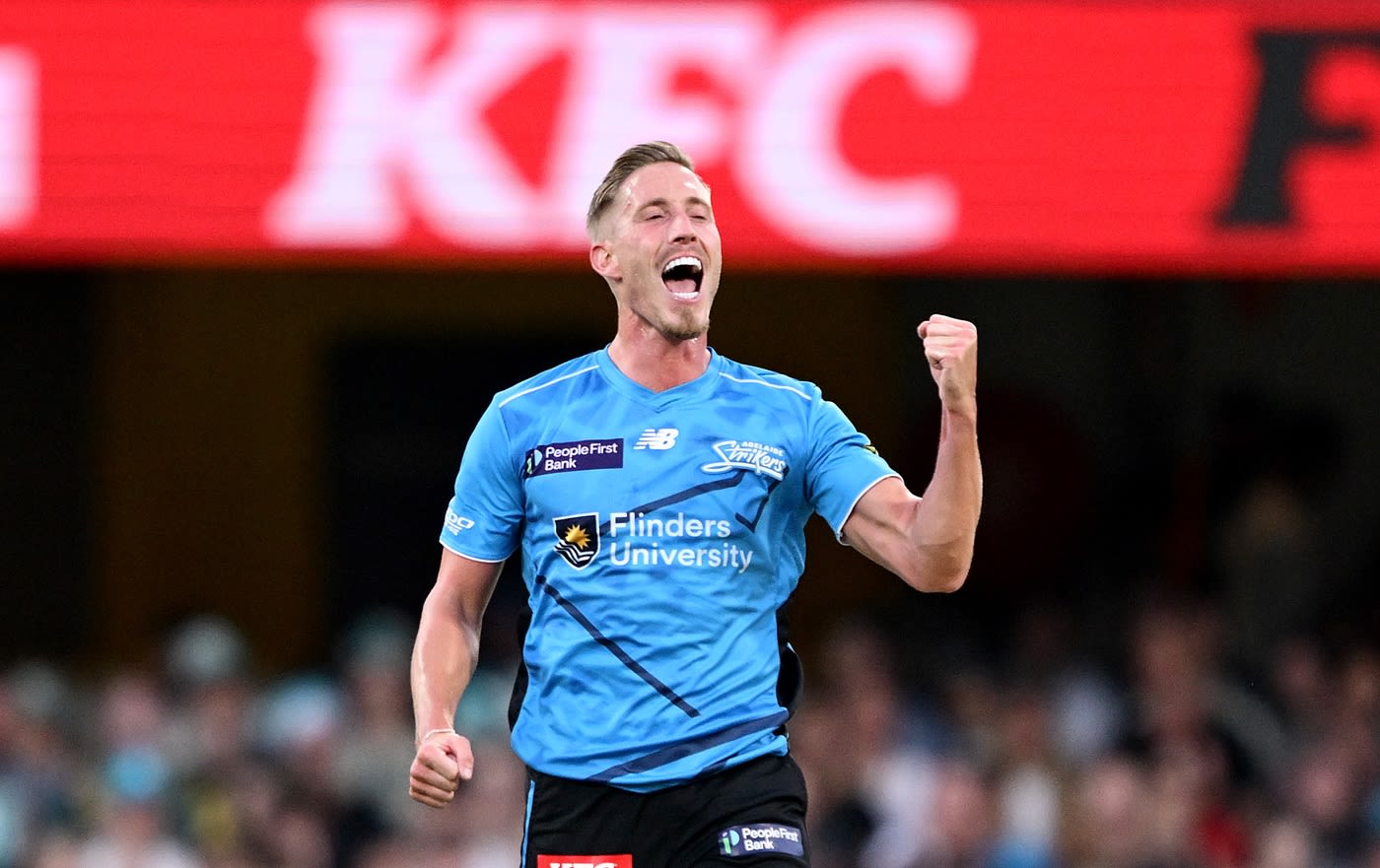 Luke Wood celebrates after getting rid of Colin Munro
