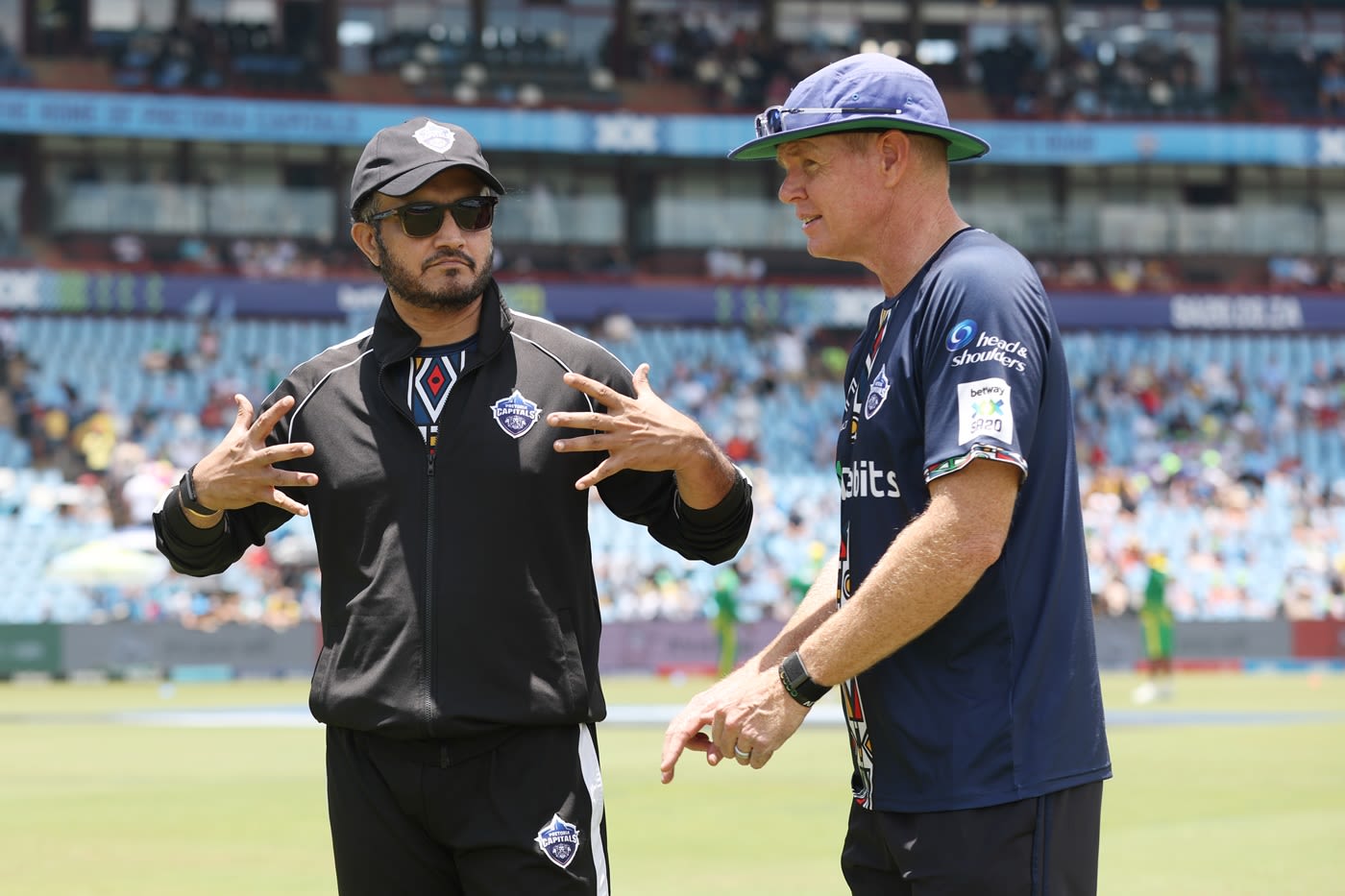 Pretoria Capitals coaches Sourav Ganguly and Shaun Pollock chat ahead of the match