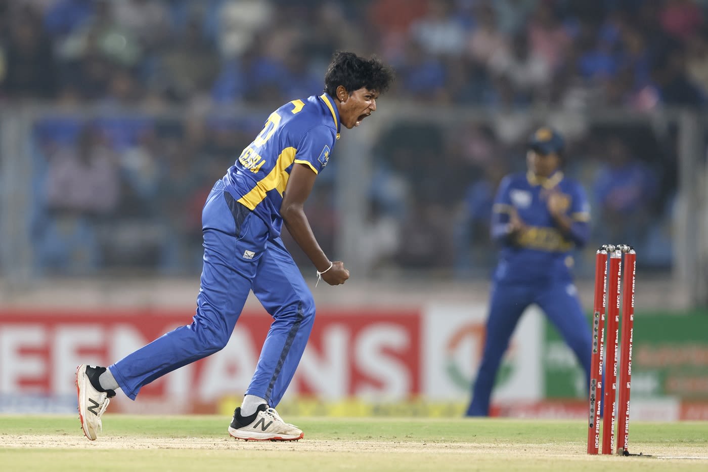Kavisha Dilhari exults after trapping Gunalan Kamalini lbw