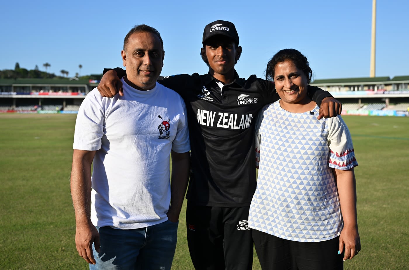 Snehith Reddy with his parents at the 2024 Under-19 World Cup