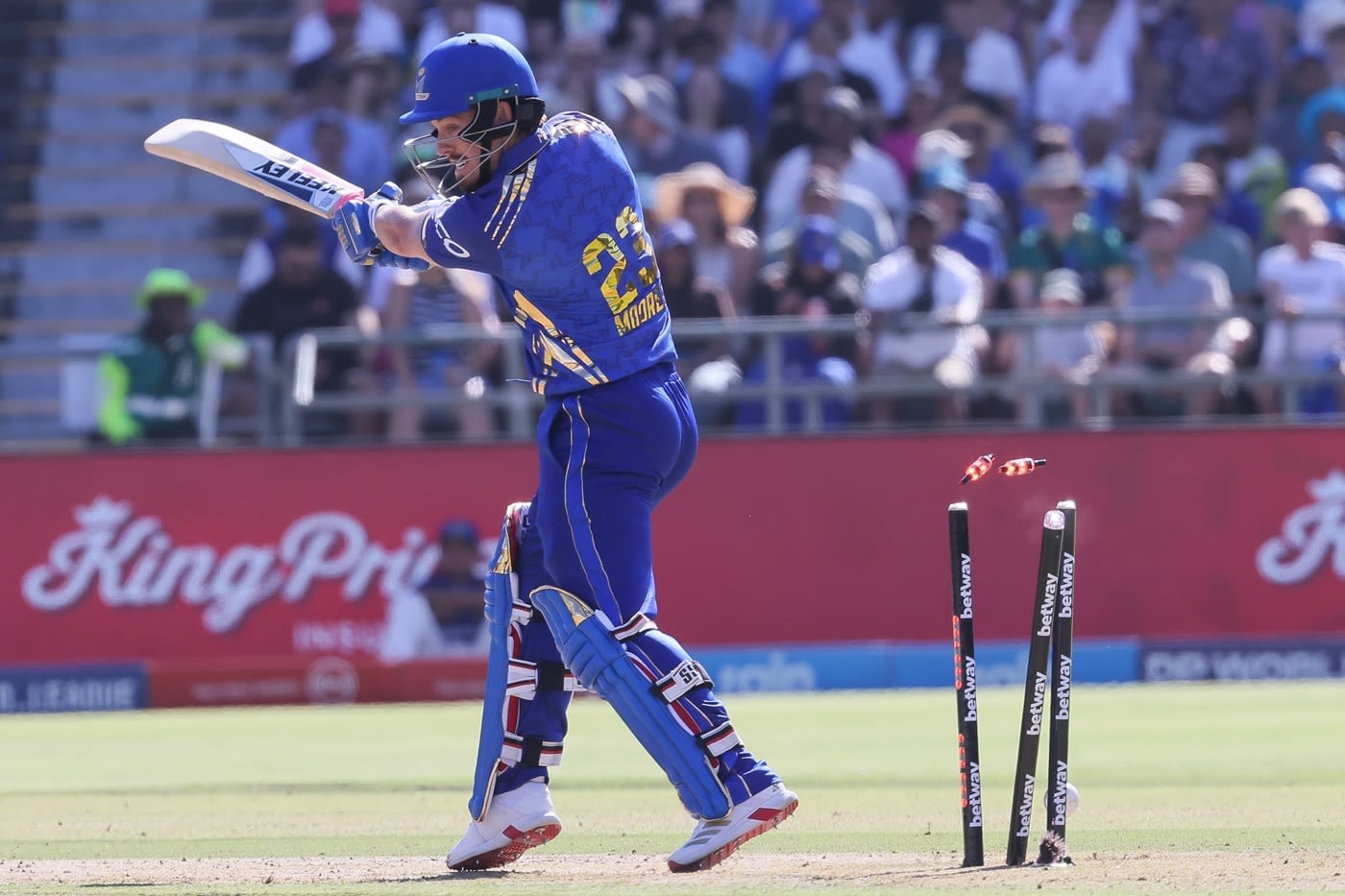 Tom Moores chopped one on to his stumps