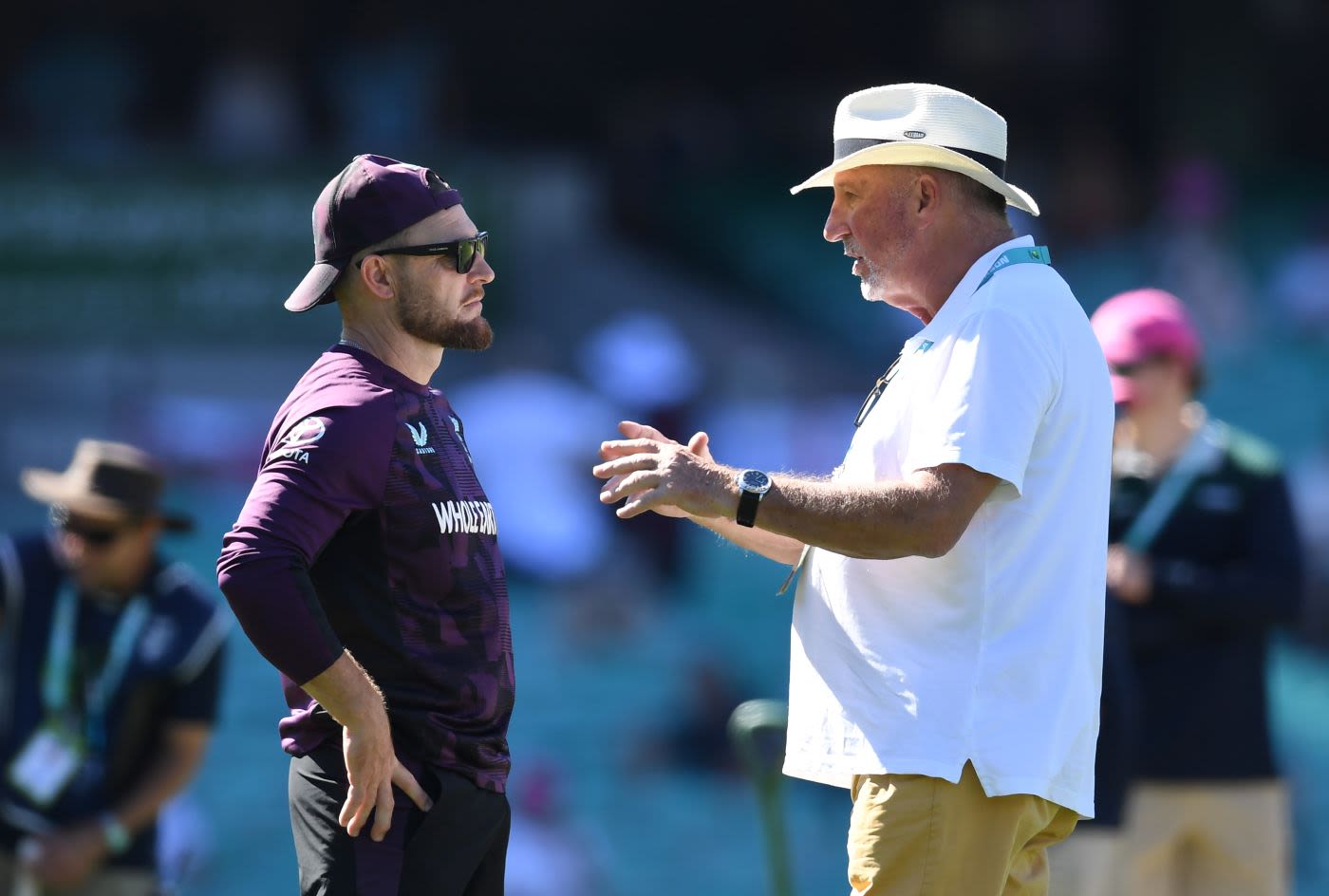Brendon McCullum speaks with Sir Ian Botham prior to play
