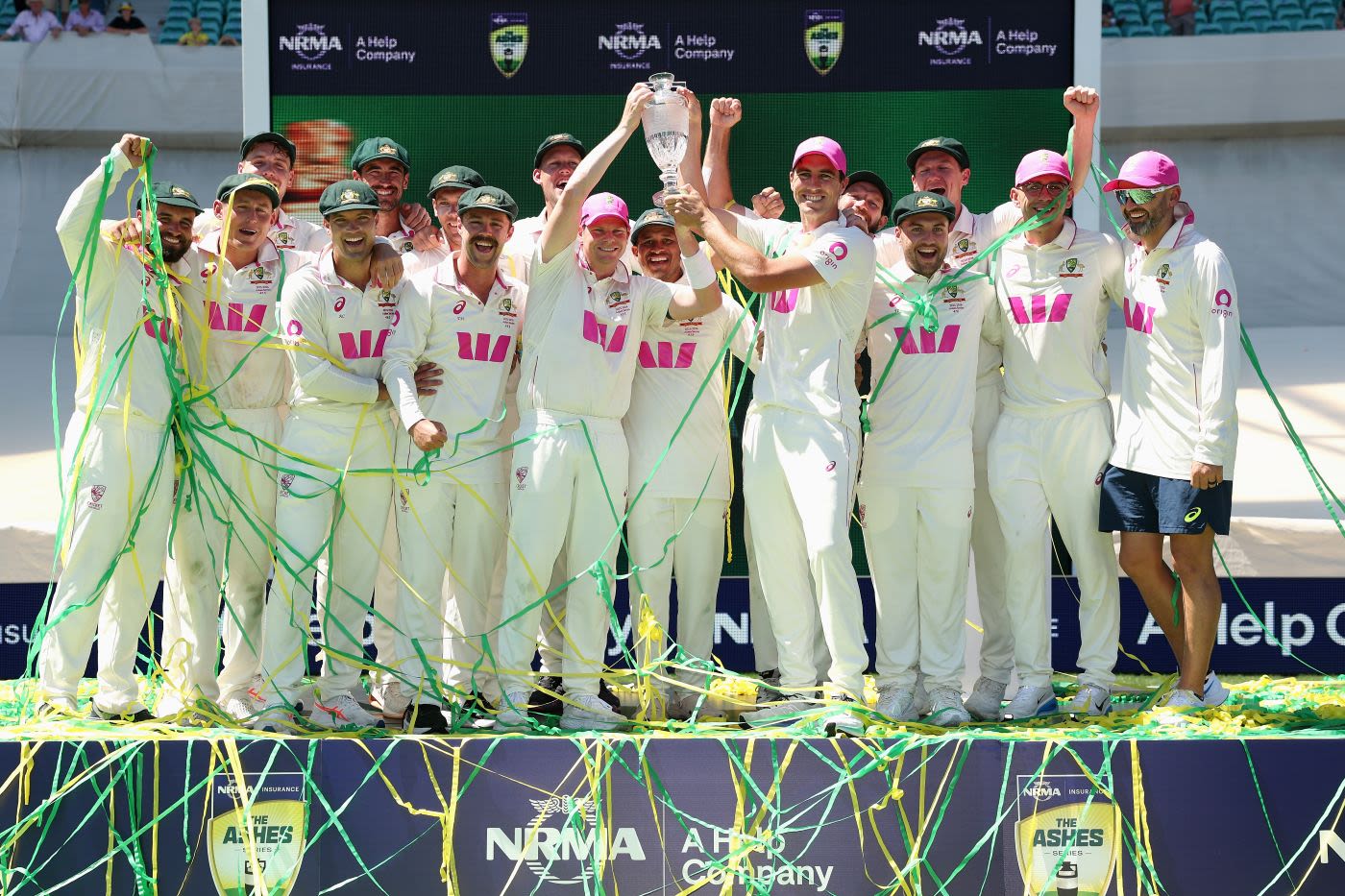 Australia celebrate with the Ashes trophy after sealing a 4-1 series win