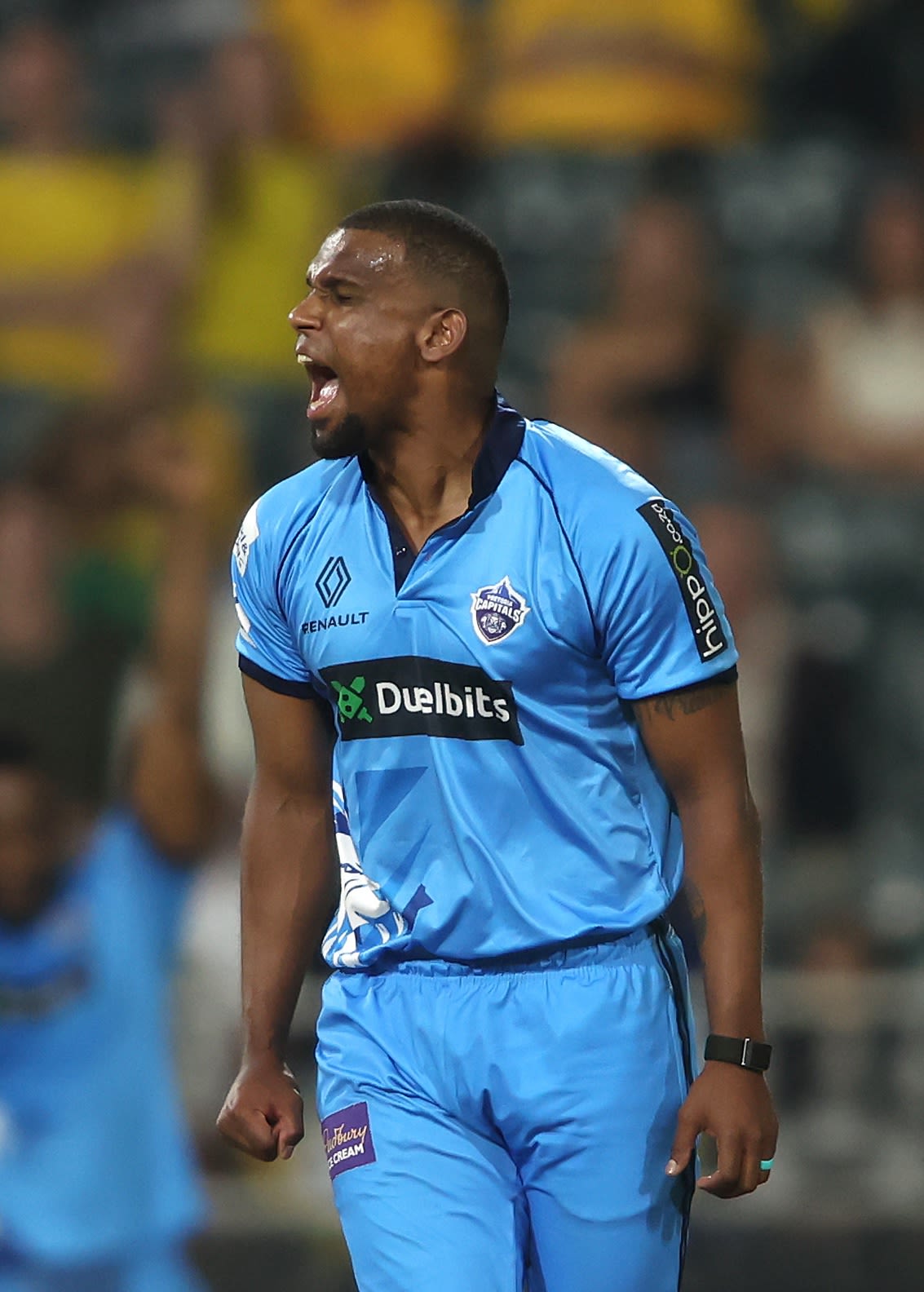 Lizaad Williams is pumped after picking up a wicket