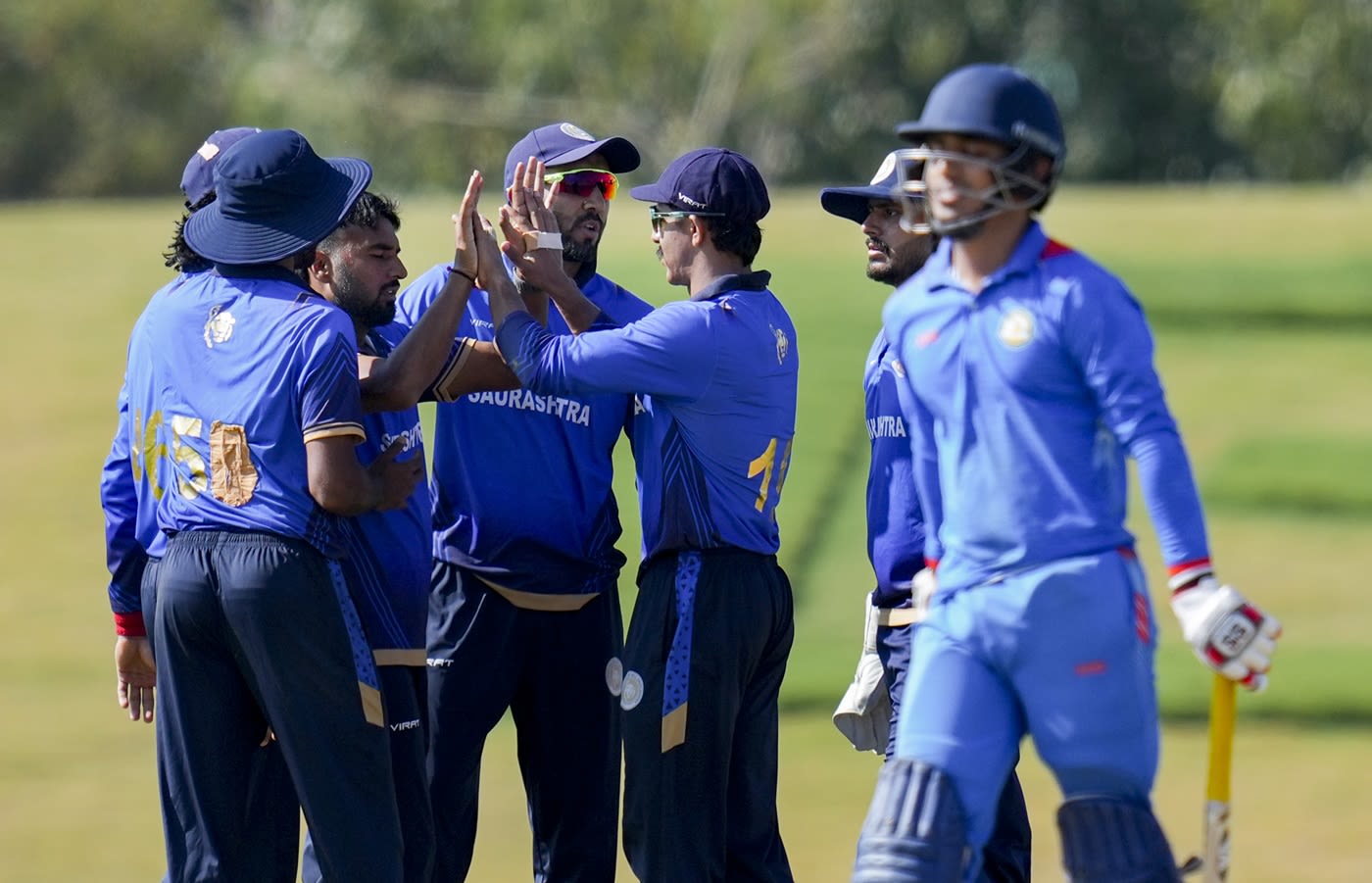 Ankur Panwar celebrates a wicket with his team-mates