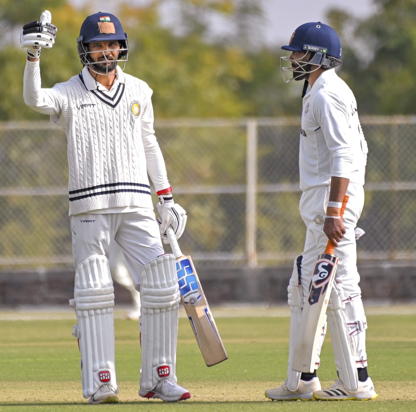Prerak Mankad celebrates his fifty in the company of Ravindra Jadeja
