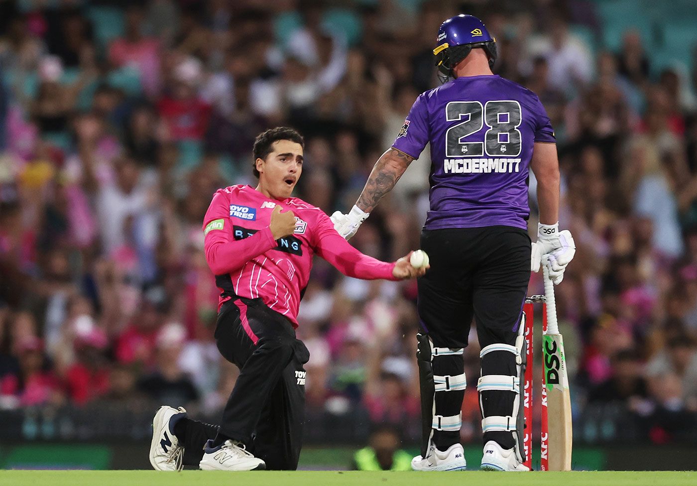 Joel Davies celebrates his return catch to remove Matthew Wade