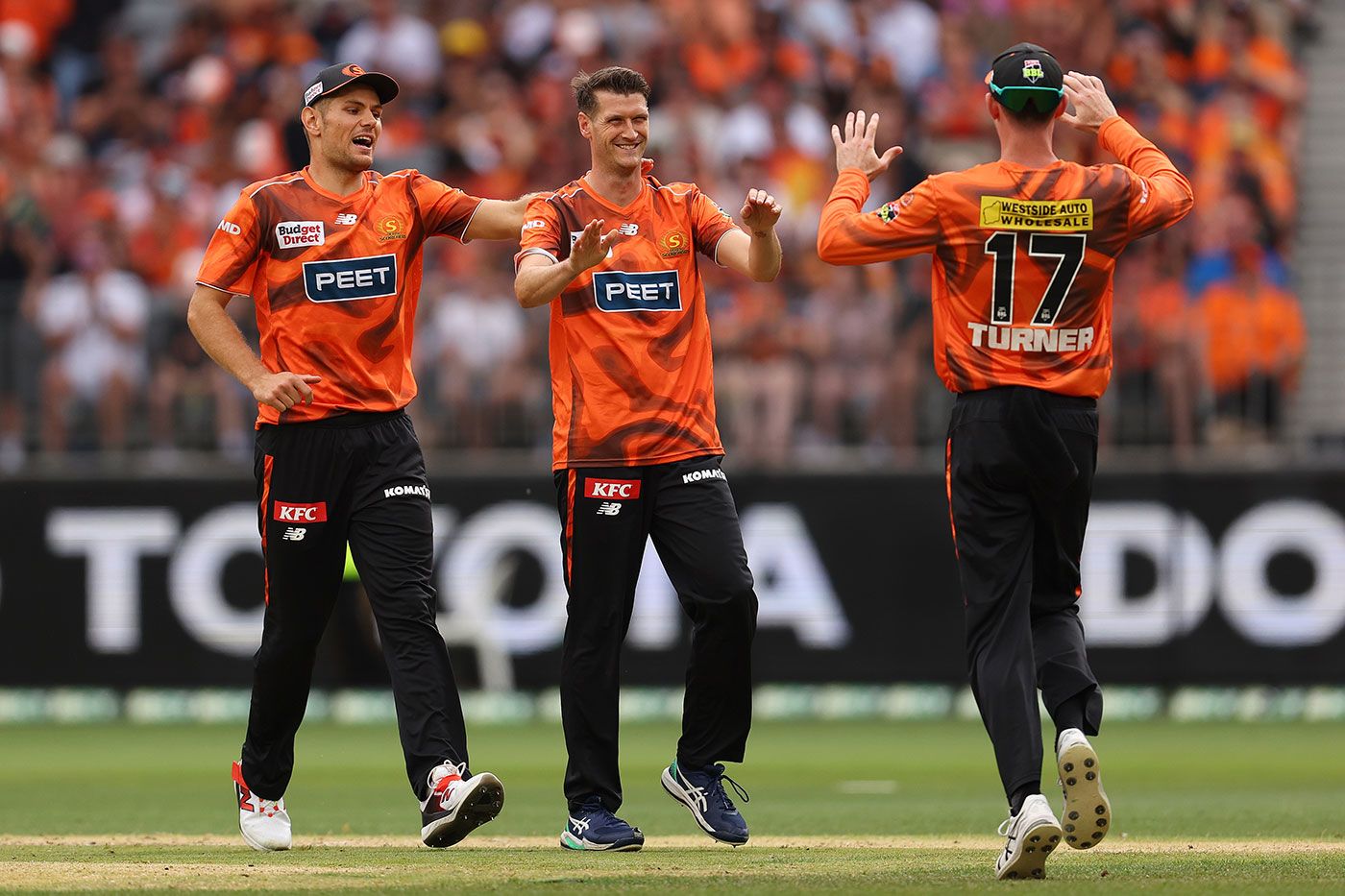 David Payne is congratulated on the wicket of Josh Philippe