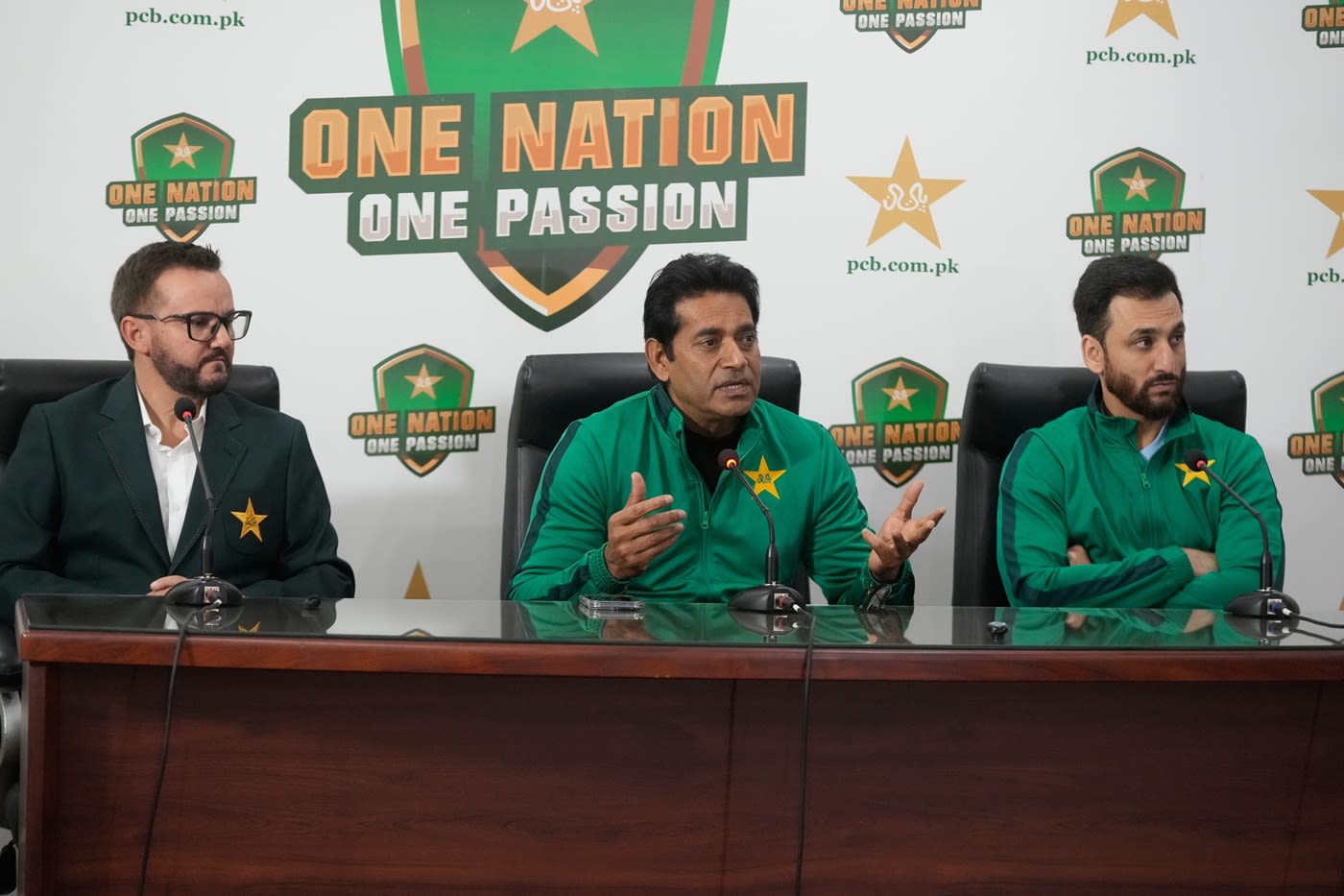Head coach Mike Hesson, selector Aaqib Javed and captain Salman Agha at Pakistan's T20 World Cup squad announcement