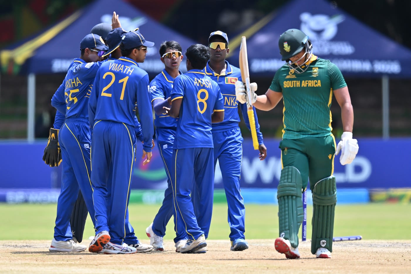 Akash Vigneswaran celebrates a wicket with his team-mates, South Africa vs Sri Lanka, Under-19 World Cup, Bulawayo, January 29, 2026