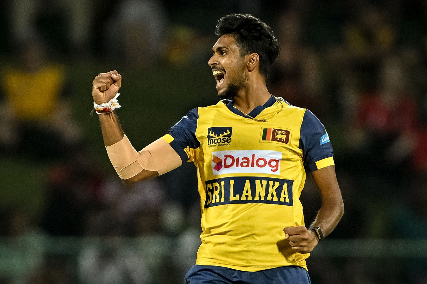 Matheesha Pathirana celebrates an early breakthrough