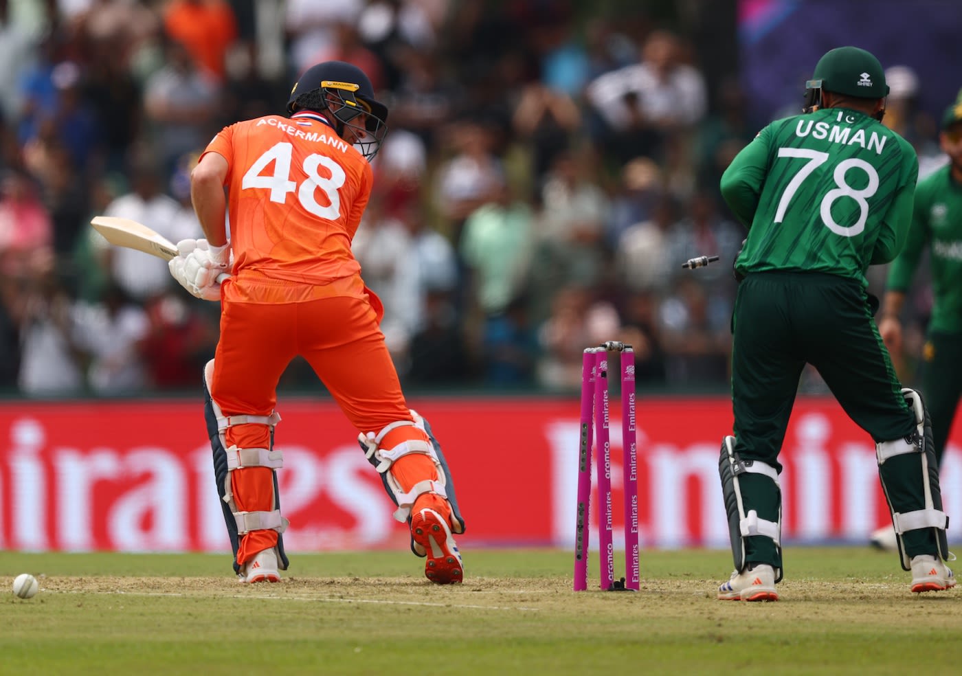 Colin Ackermann loses his stumps to Abrar Ahmed