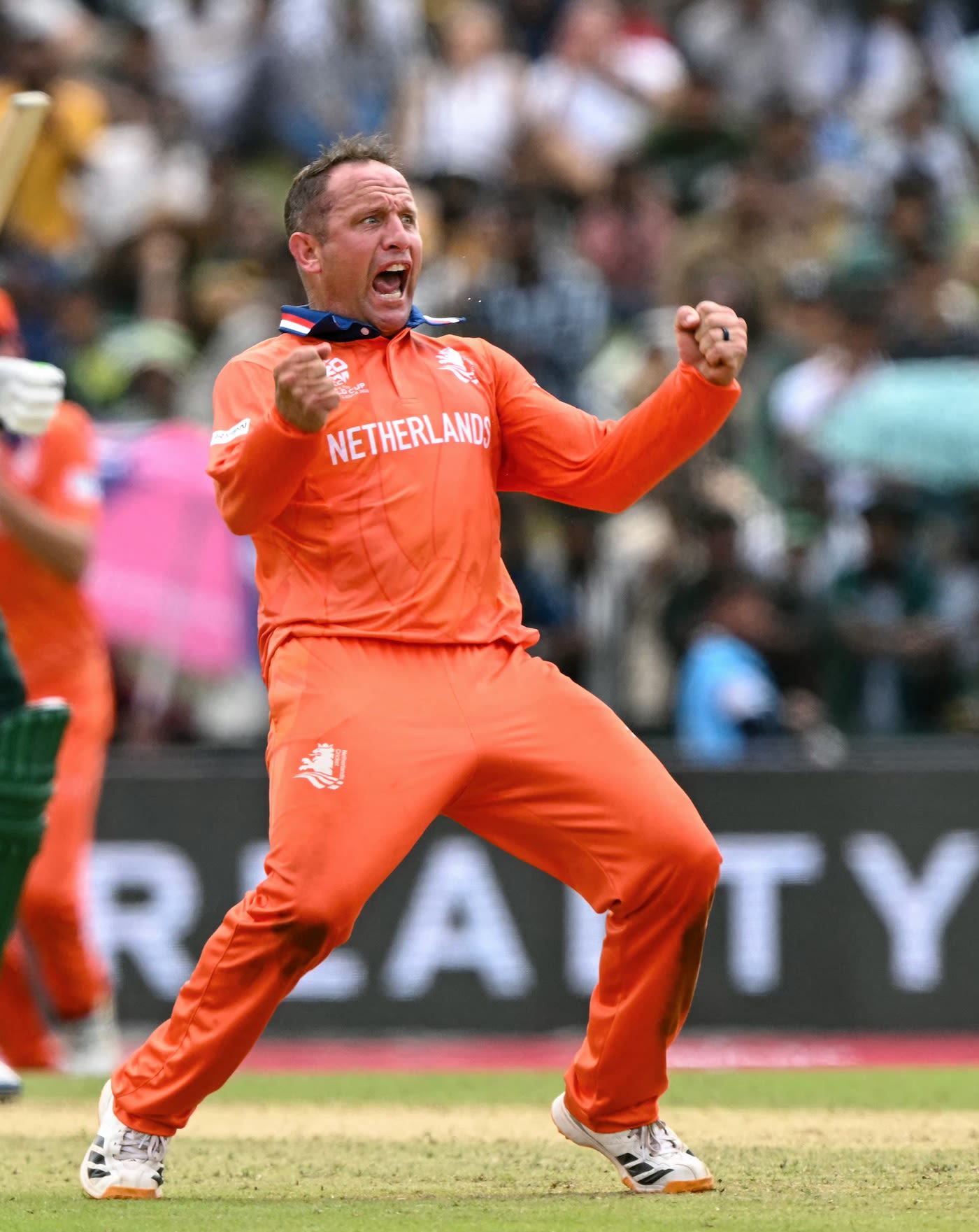 Roelof van der Merwe celebrates in typical style after sending back Babar Azam