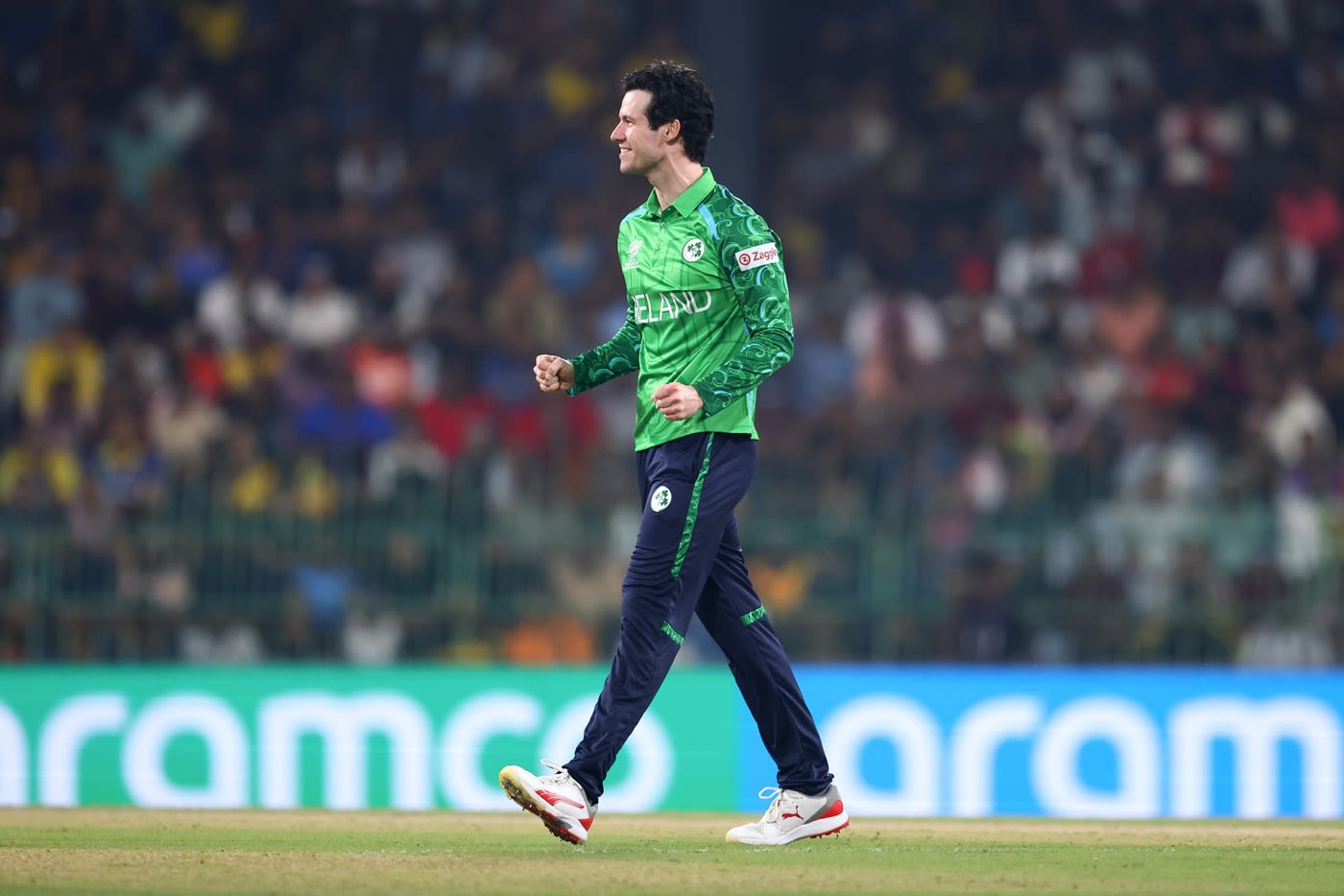 George Dockrell celebrates the big wicket of Pathum Nissanka