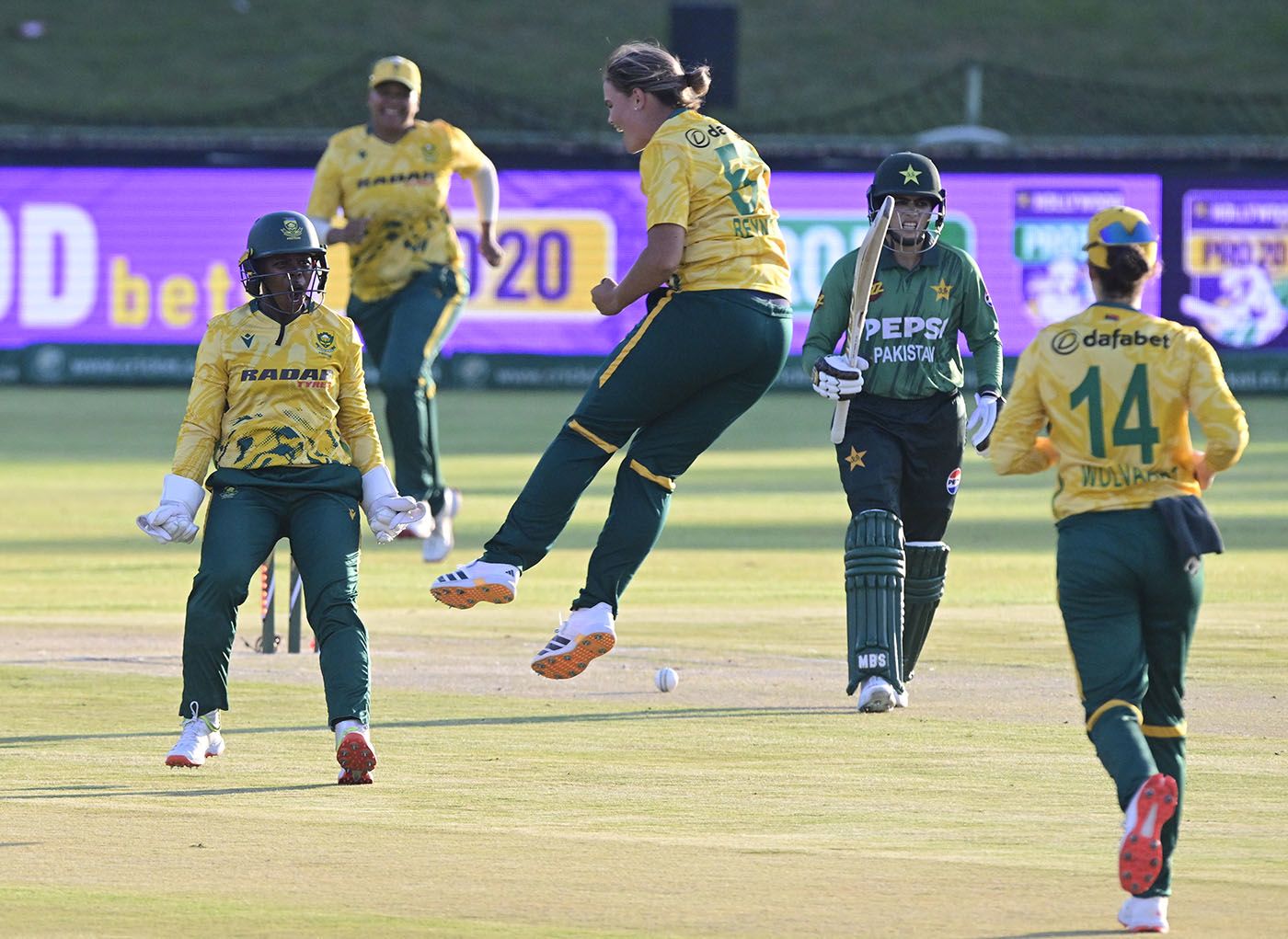 Kayla Reyneke celebrates her maiden international wicket