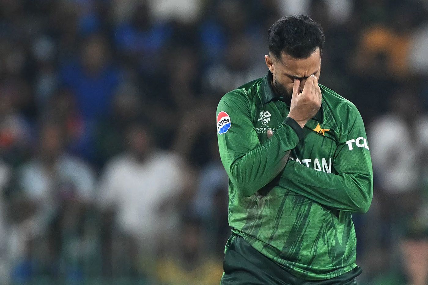 Pakistan's Mohammad Nawaz reacts