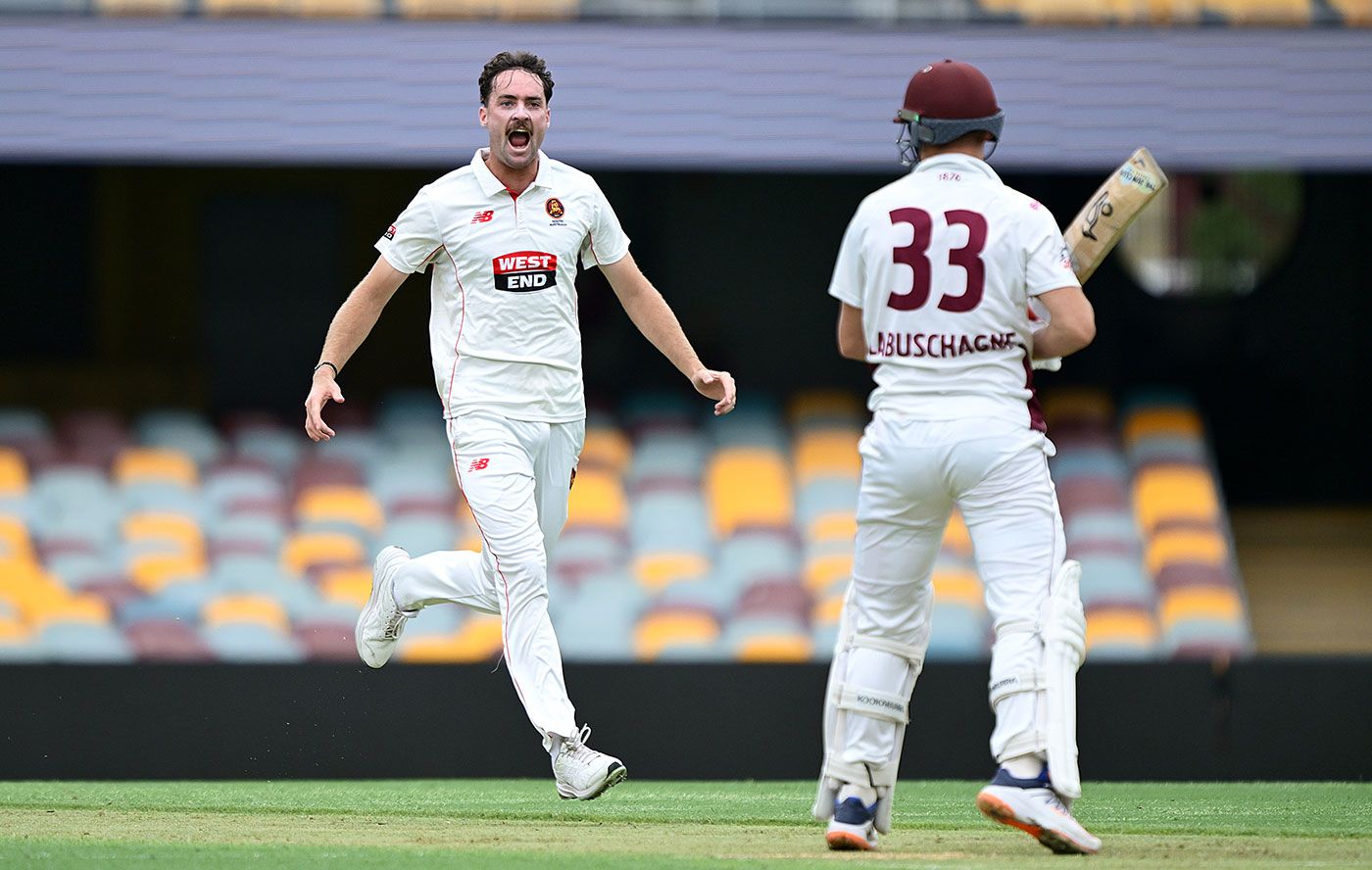 Jordan Buckingham celebrates removing Marnus Labuschagne