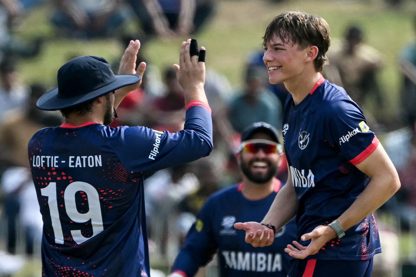 Jack Brassell celebrates Namibia's first wicket