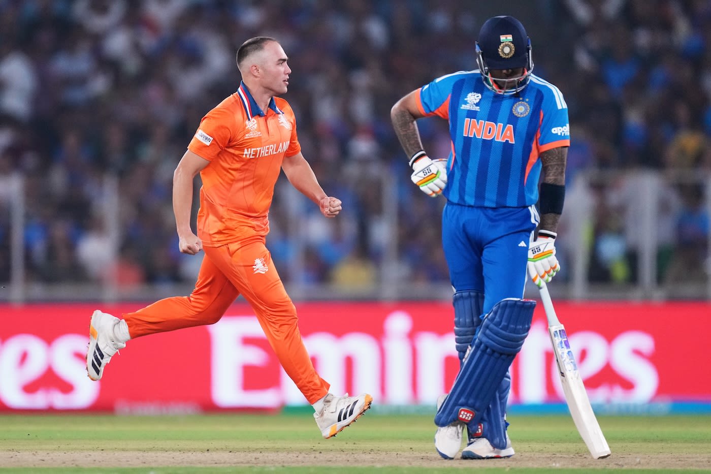 Kyle Klein celebrates as Suryakumar Yadav is dejected with his dismissal