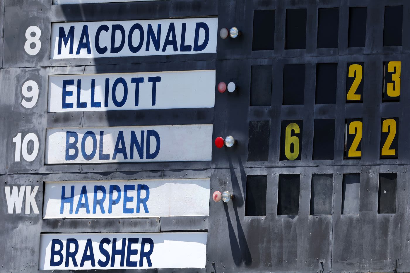 The WACA scoreboard showing Scott Boland's figures of 6 for 22