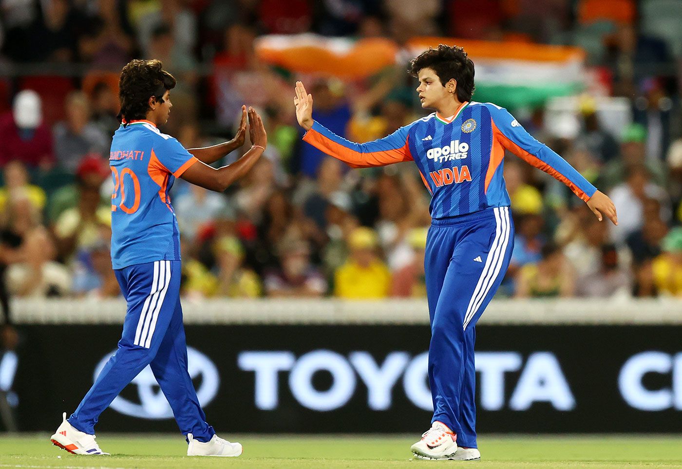 Arundhati Reddy and Shafali Verma celebrate a breakthrough