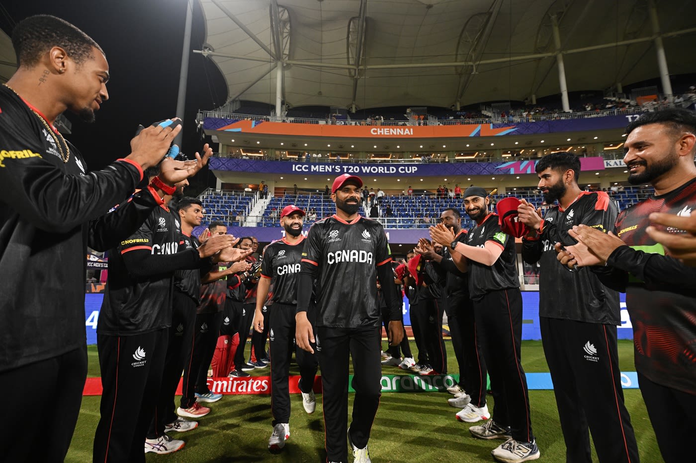 Navneet Dhaliwal and Ravinderpal Singh receive a guard of honour for their last international game