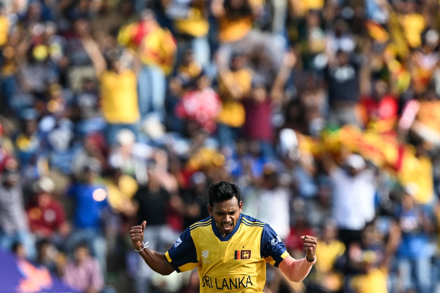 Dushmantha Chameera celebrates the fall of Sam Curran