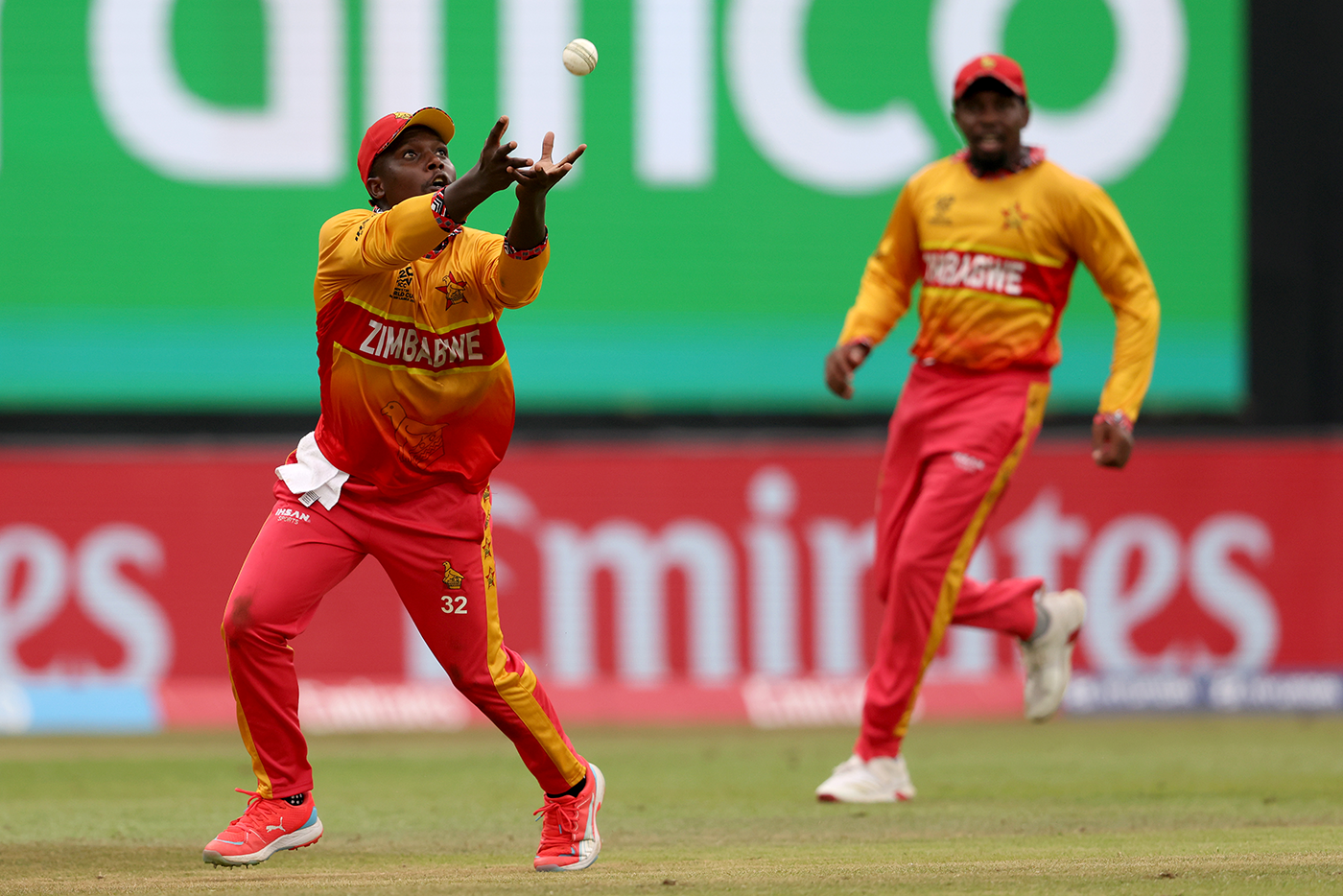 Tony Munyonga takes the catch to dismiss Pathum Nissanka