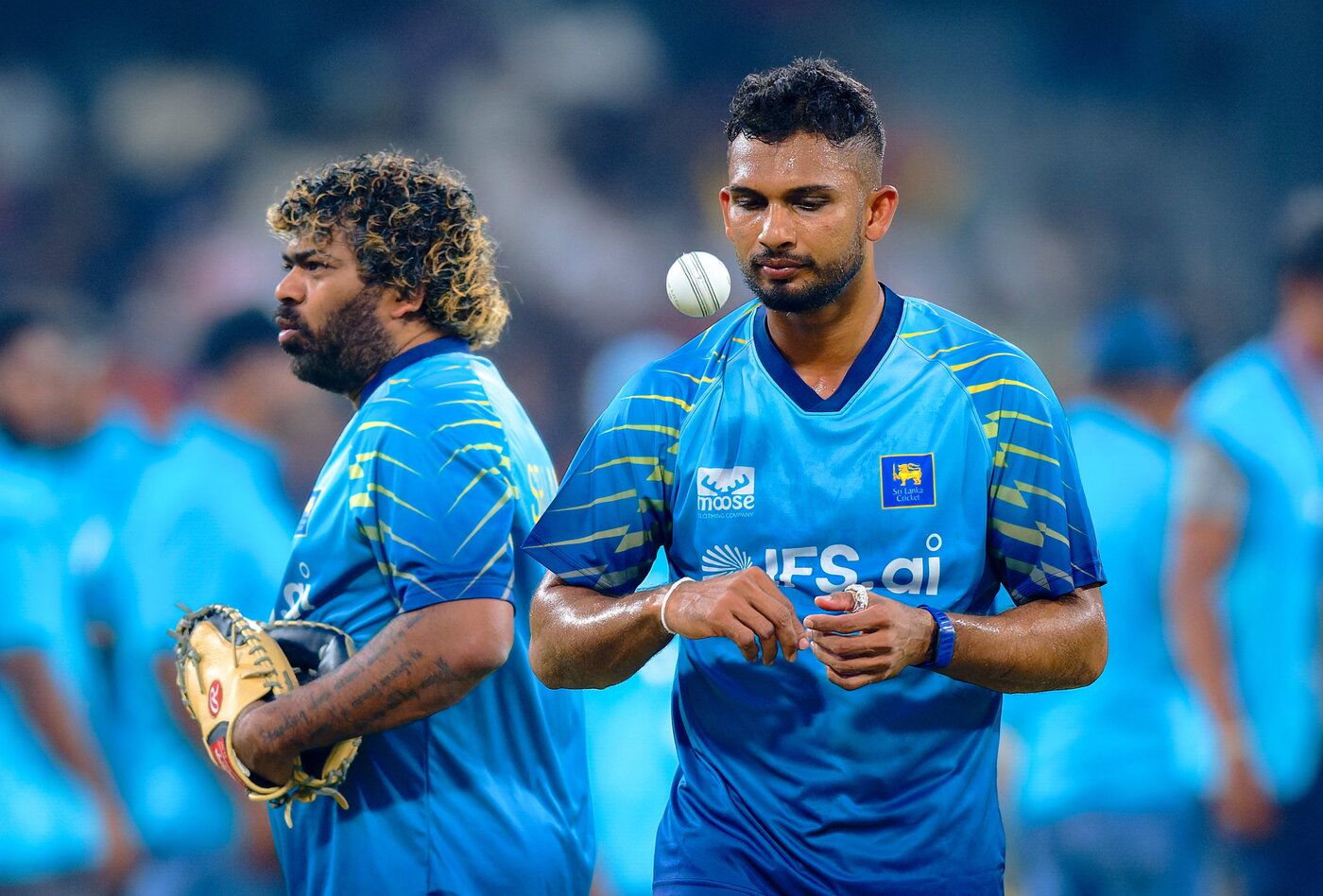 Bowling coach Lasith Malinga and captain Dasun Shanaka at a Sri Lanka nets session