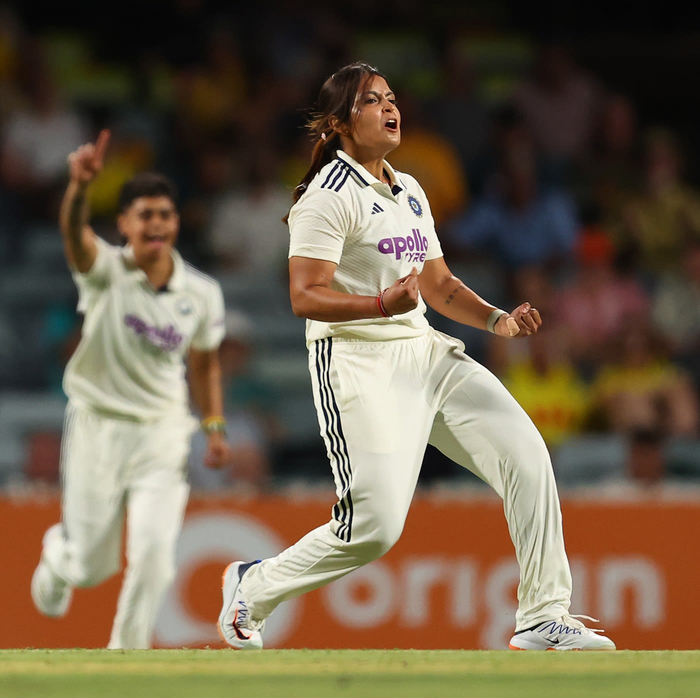 Sayali Satghare celebrates her maiden Test wicket