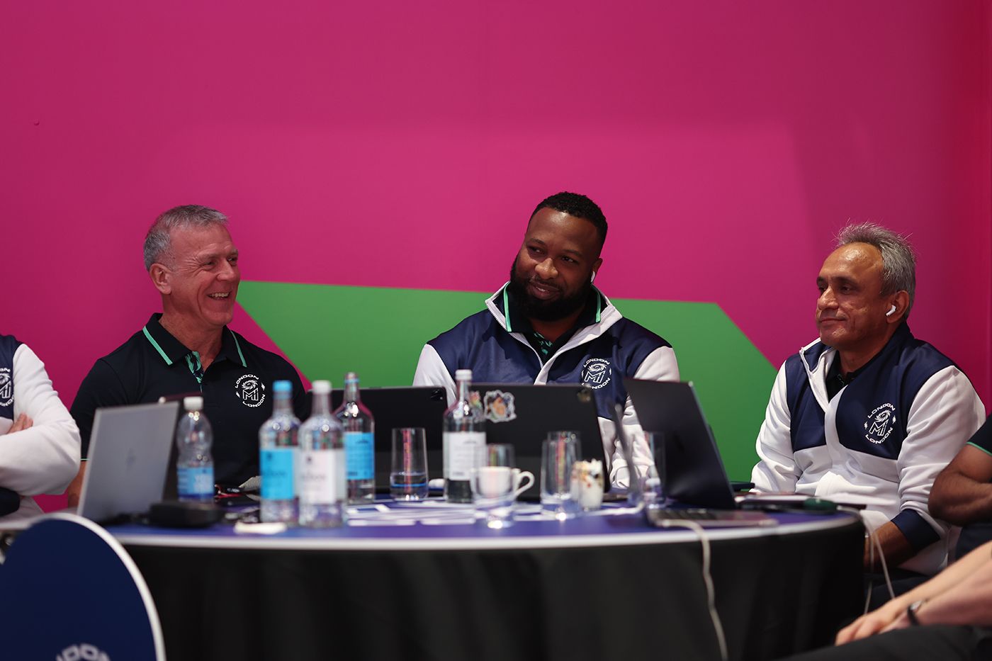Alec Stewart and Kieron Pollard at the MI London table