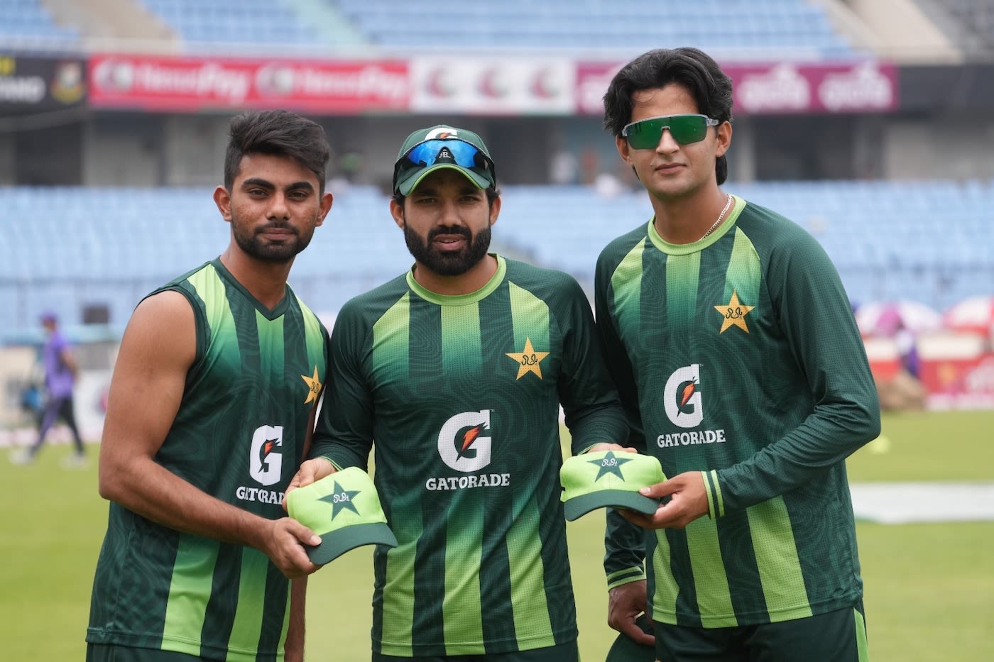 Ghazi Ghori and Saad Masood receive their debut caps from Mohammad Rizwan