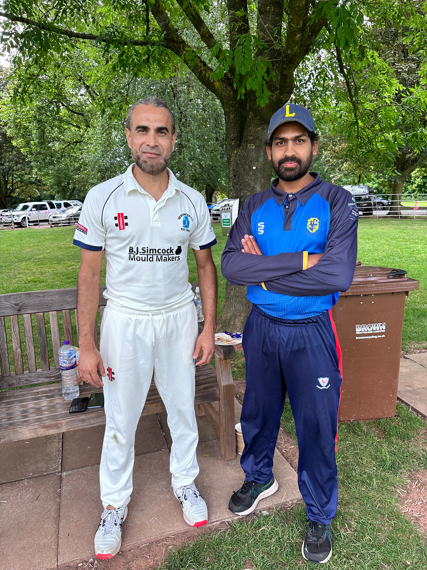 Imrah Tahir and Raghu Sharma pose for a photo while playing in the North Staffs and South Cheshire League in 2023