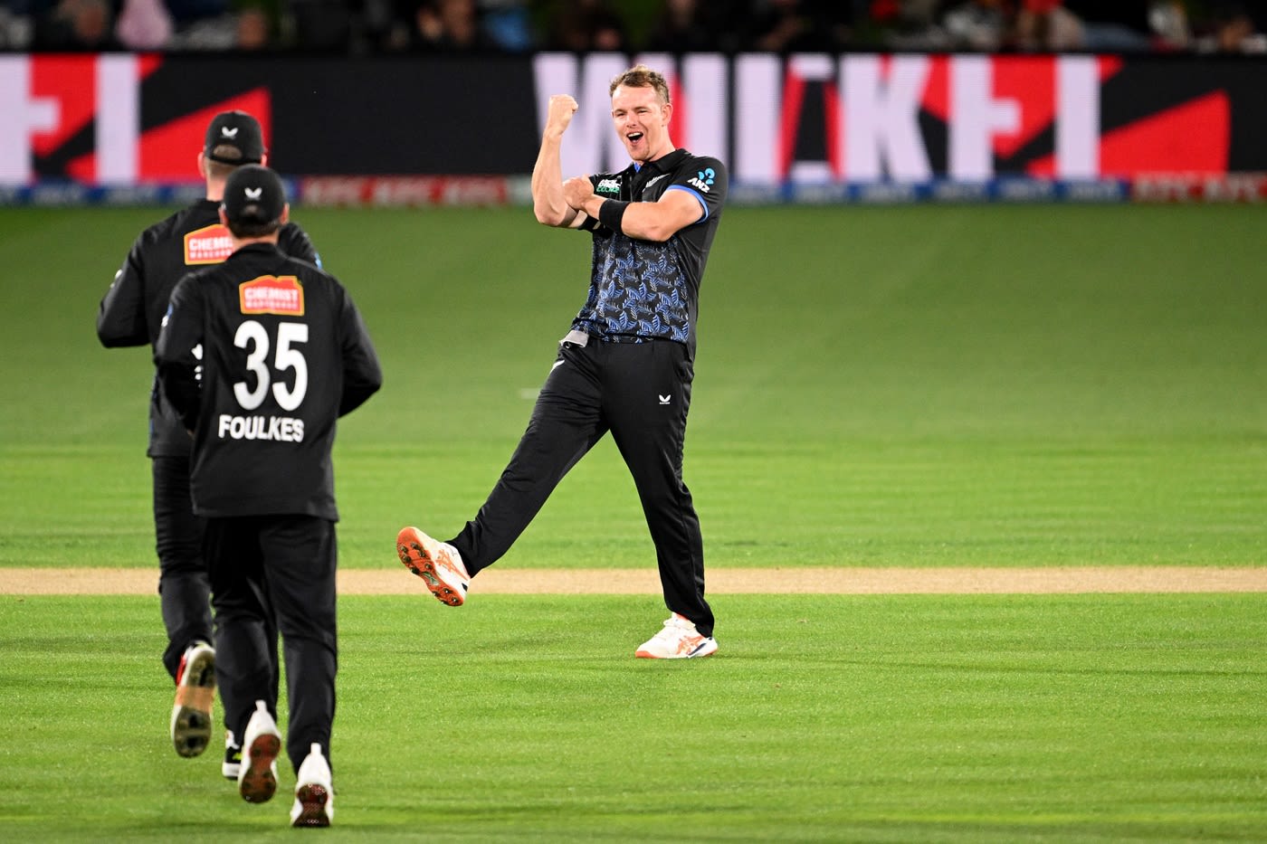 Josh Clarkson flexes his muscles after a first-ball wicket