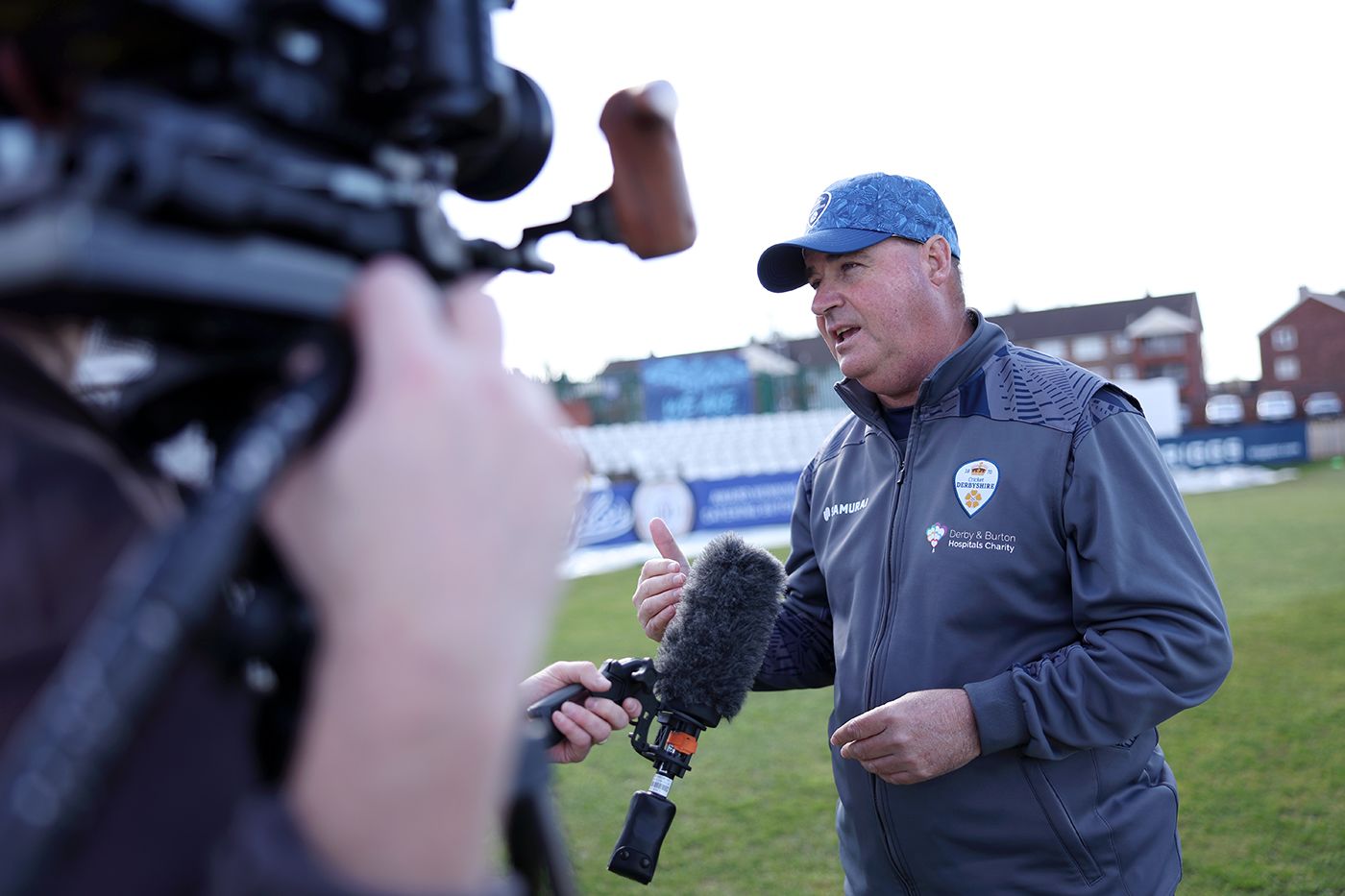 Mickey Arthur addresses the cameras at Derbyshire's media day