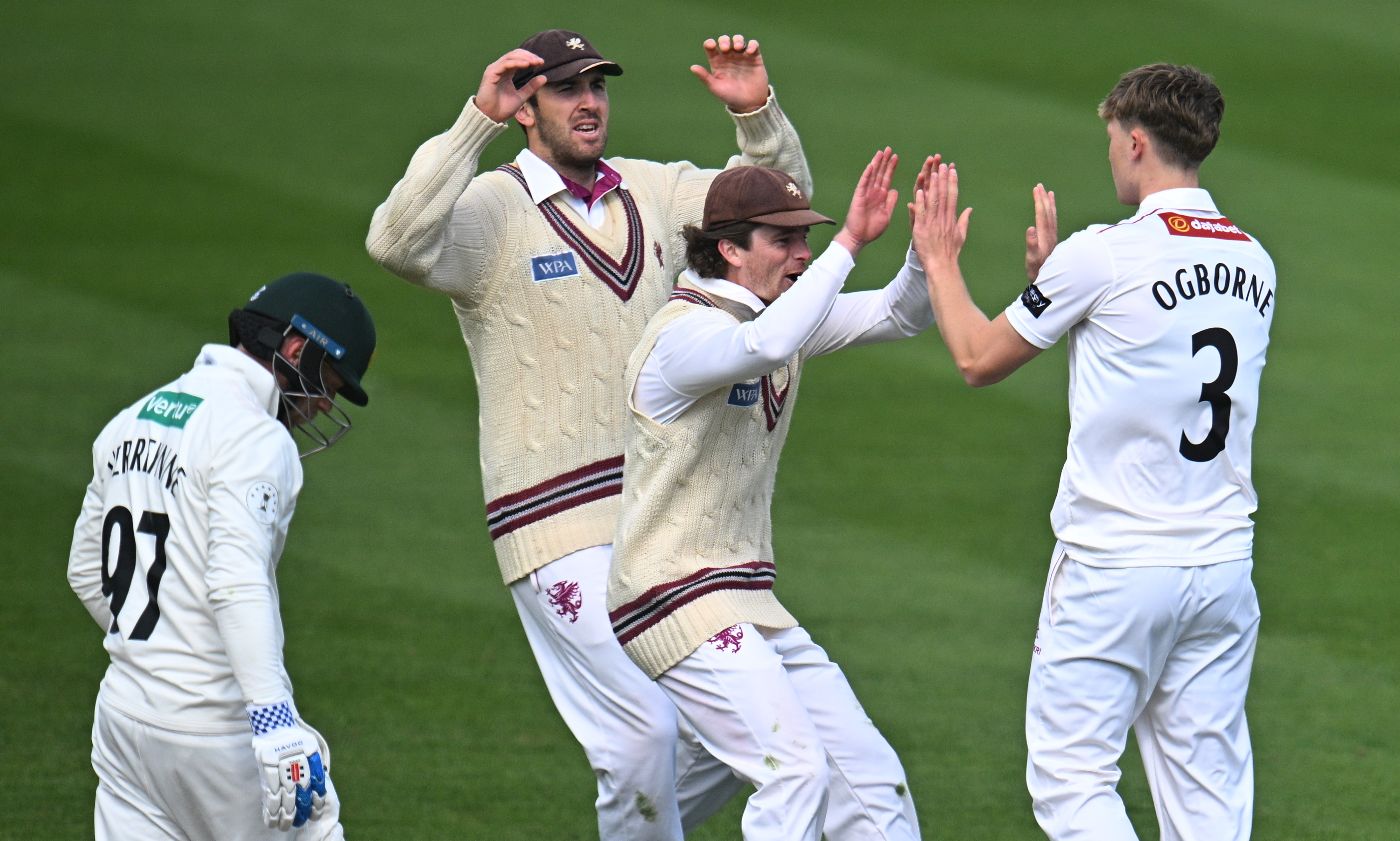 Alfie Ogborne celebrates another breakthrough for Somerset