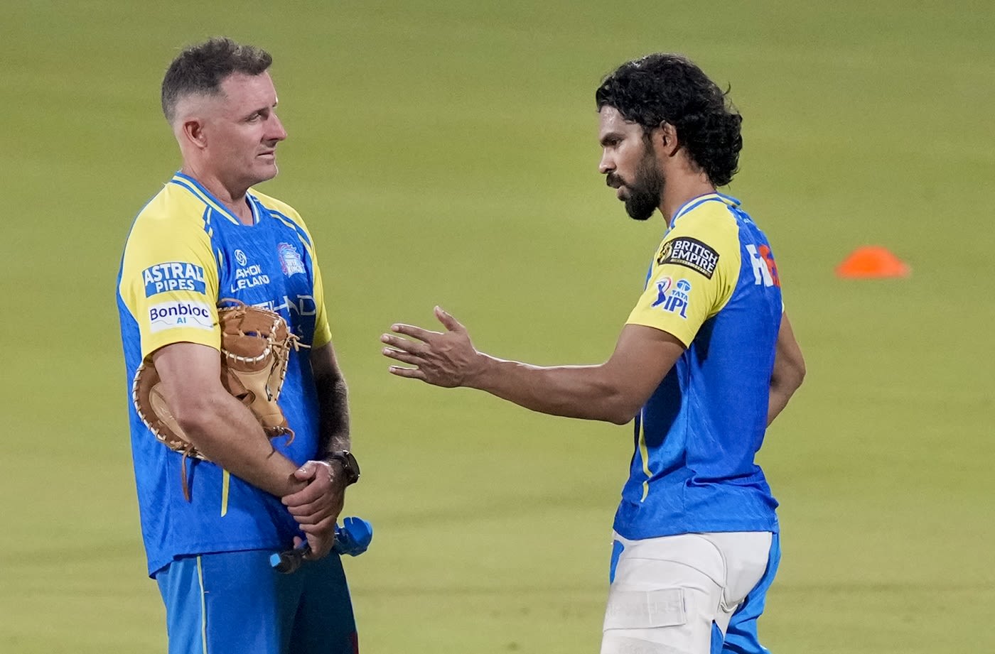 CSK captain Ruturaj Gaikwad has a chat with batting coach Mike Hussey