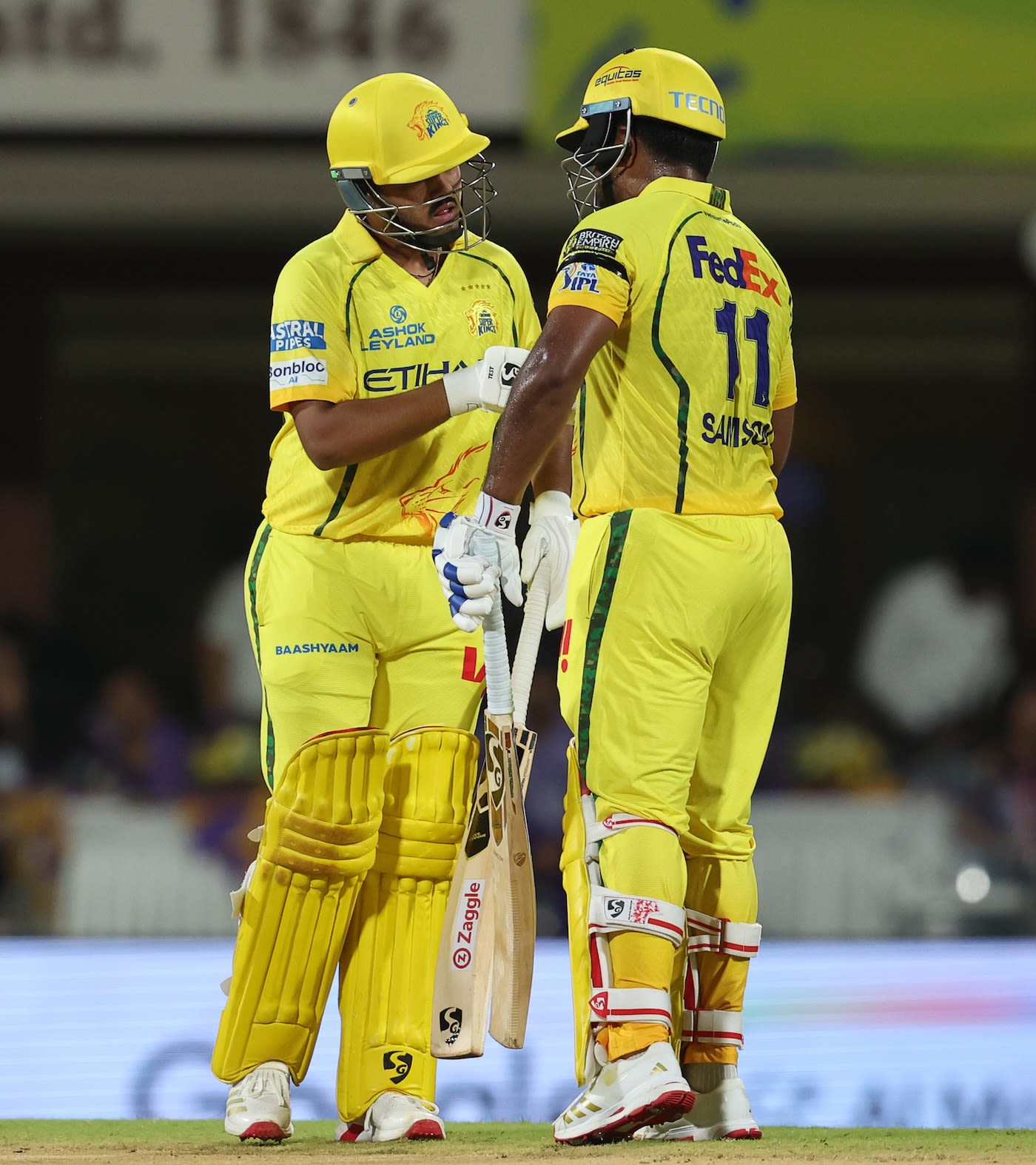 Ayush Mhatre and Sanju Samson have a chat during their partnership