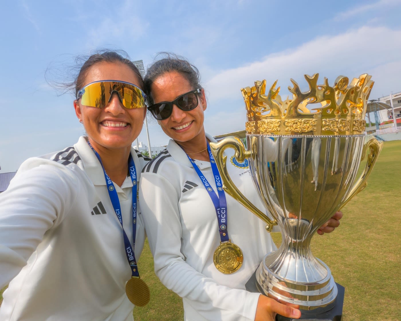 Sushma Verma and coach Dipti Dhyani with the Inter-Zonal Multi-Day Trophy