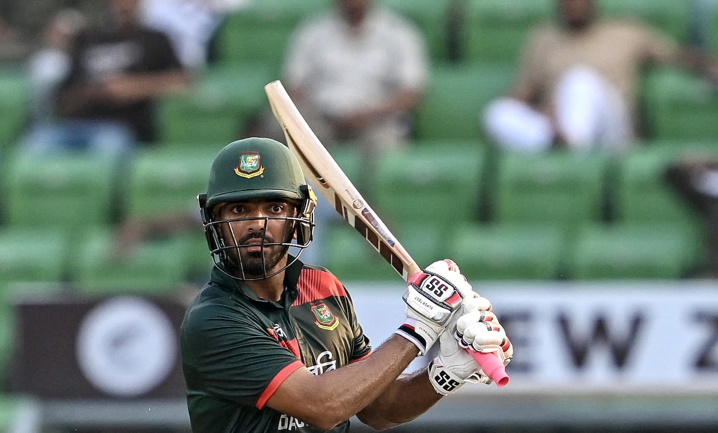 Saif Hassan follows the ball after hitting it over the covers