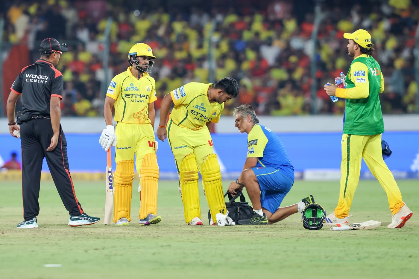 The physio attended to Ayush Mhatre's hamstring