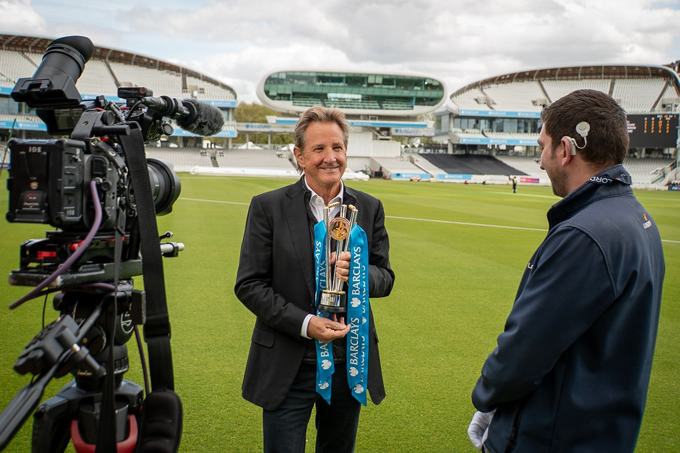 MCC chair Mark Nicholas poses with the Barclays Knight-Stokes Cup at Lord's