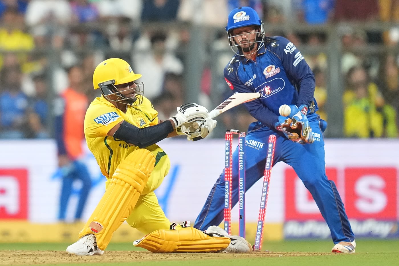 Sarfaraz Khan is cleaned up by Mitchell Santner