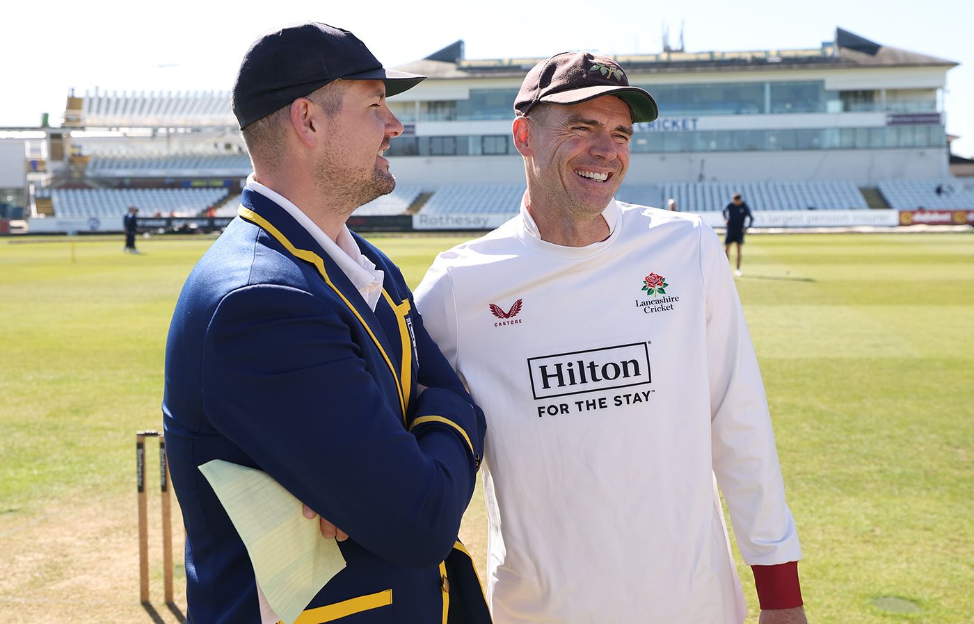 Alex Lees and James Anderson share a lighter moment at the toss